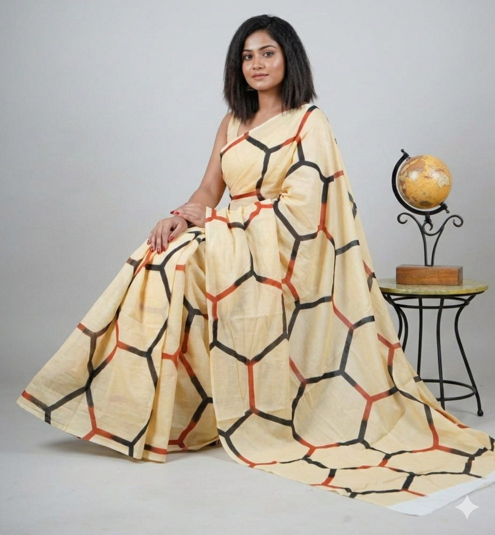 Natural Dyed hand blocked printed Mul Cotton Saree | Soft Beige | SUTA-SAGA