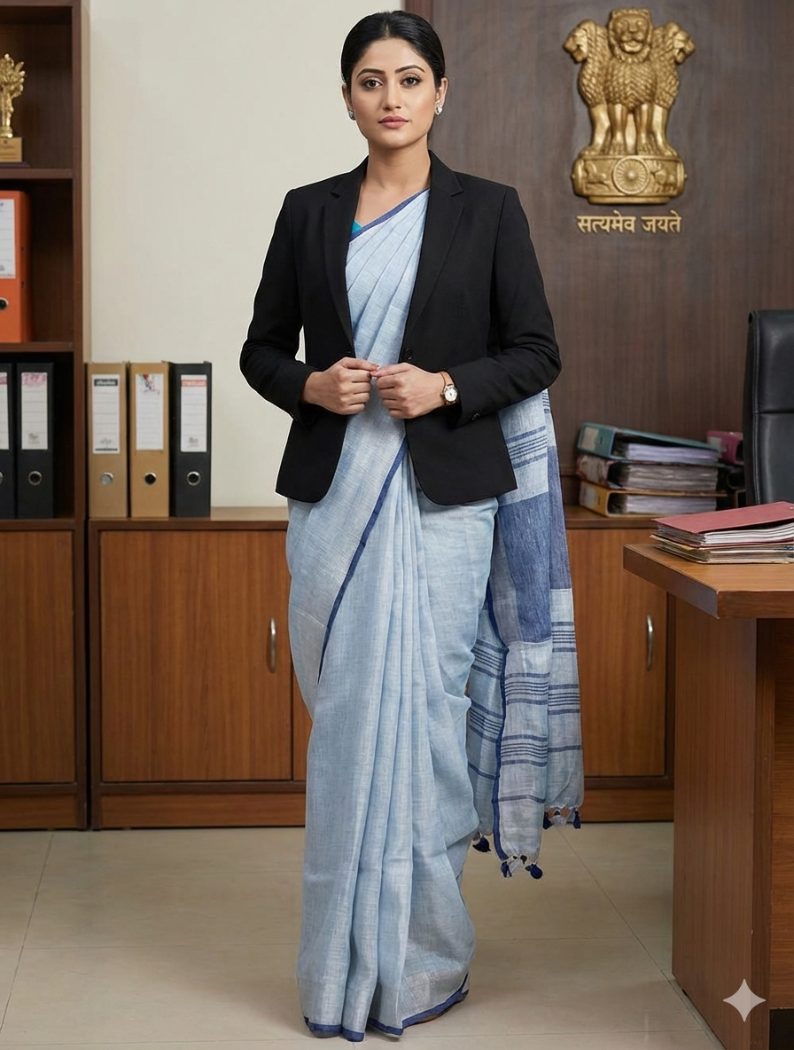 Pure Linen Saree in Sky Blue with Contrast Indigo Border & Tassels – Breathable Summer Wear