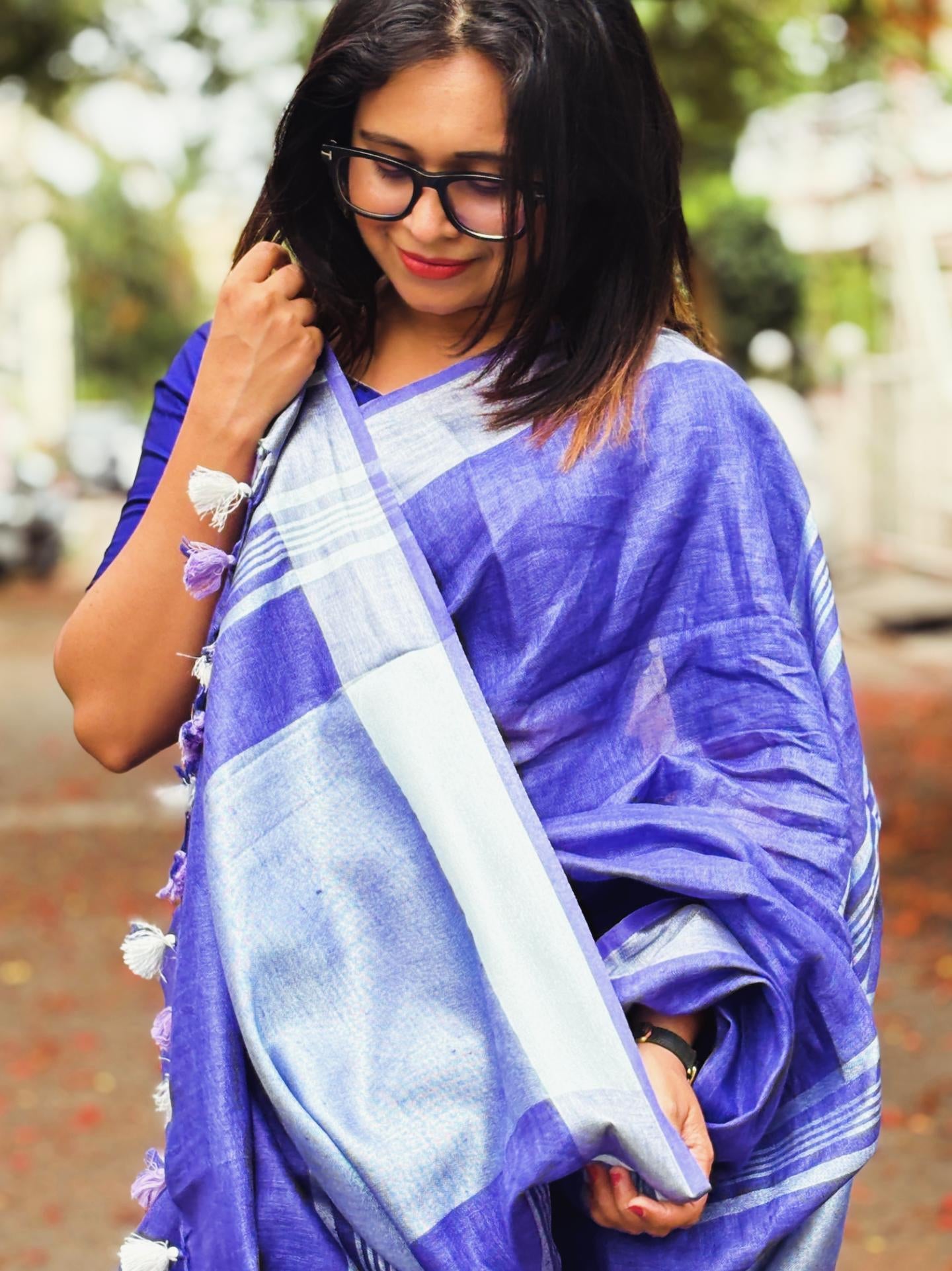 Organic Blue Pure Linen Saree with Silver Border | Natural Office Wear
