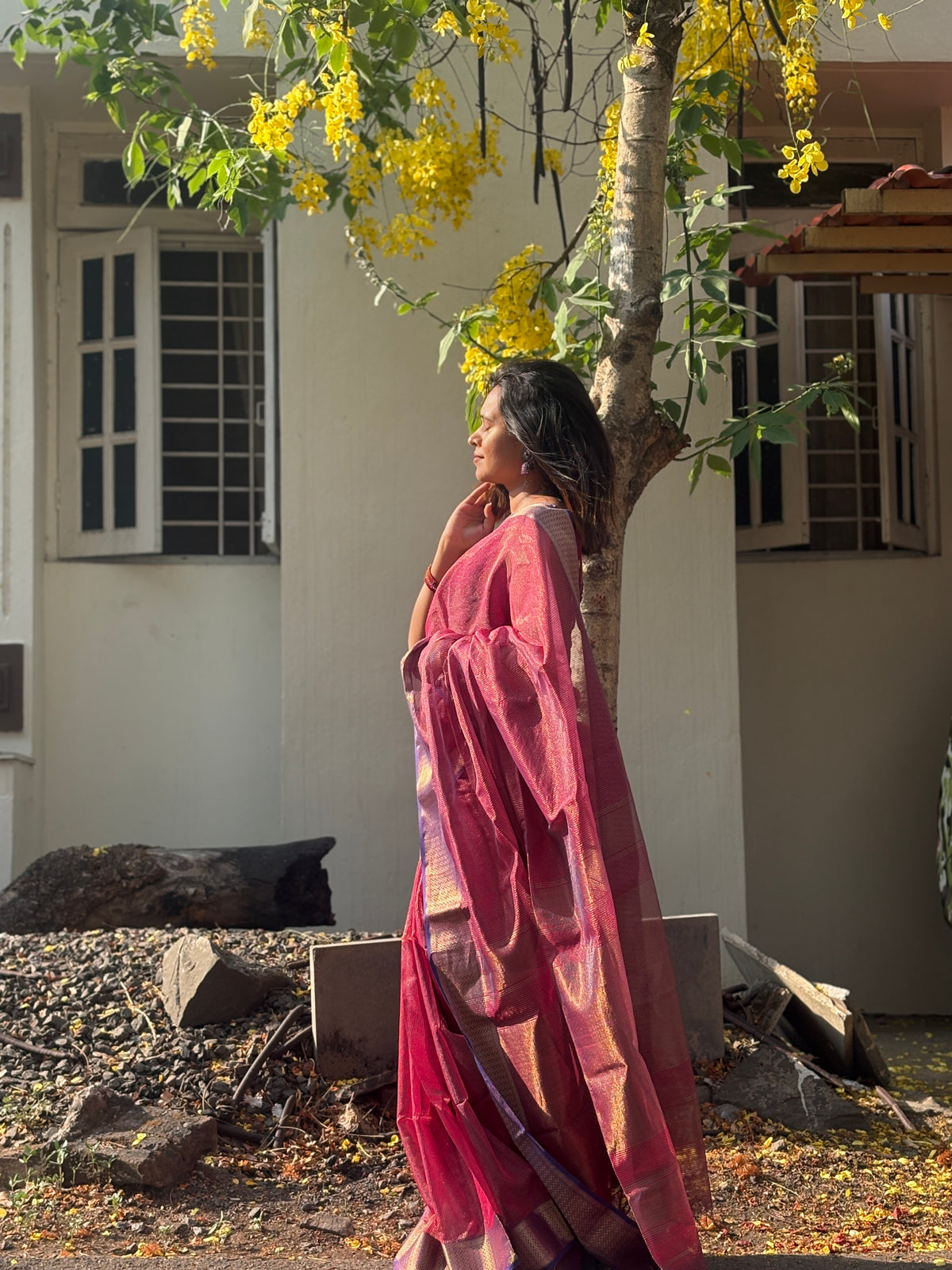Authentic Deep Rose Pink Handloom Maheshwari Silk Cotton Tissue Saree with Silver Zari Checks | SUTA-SAGA
