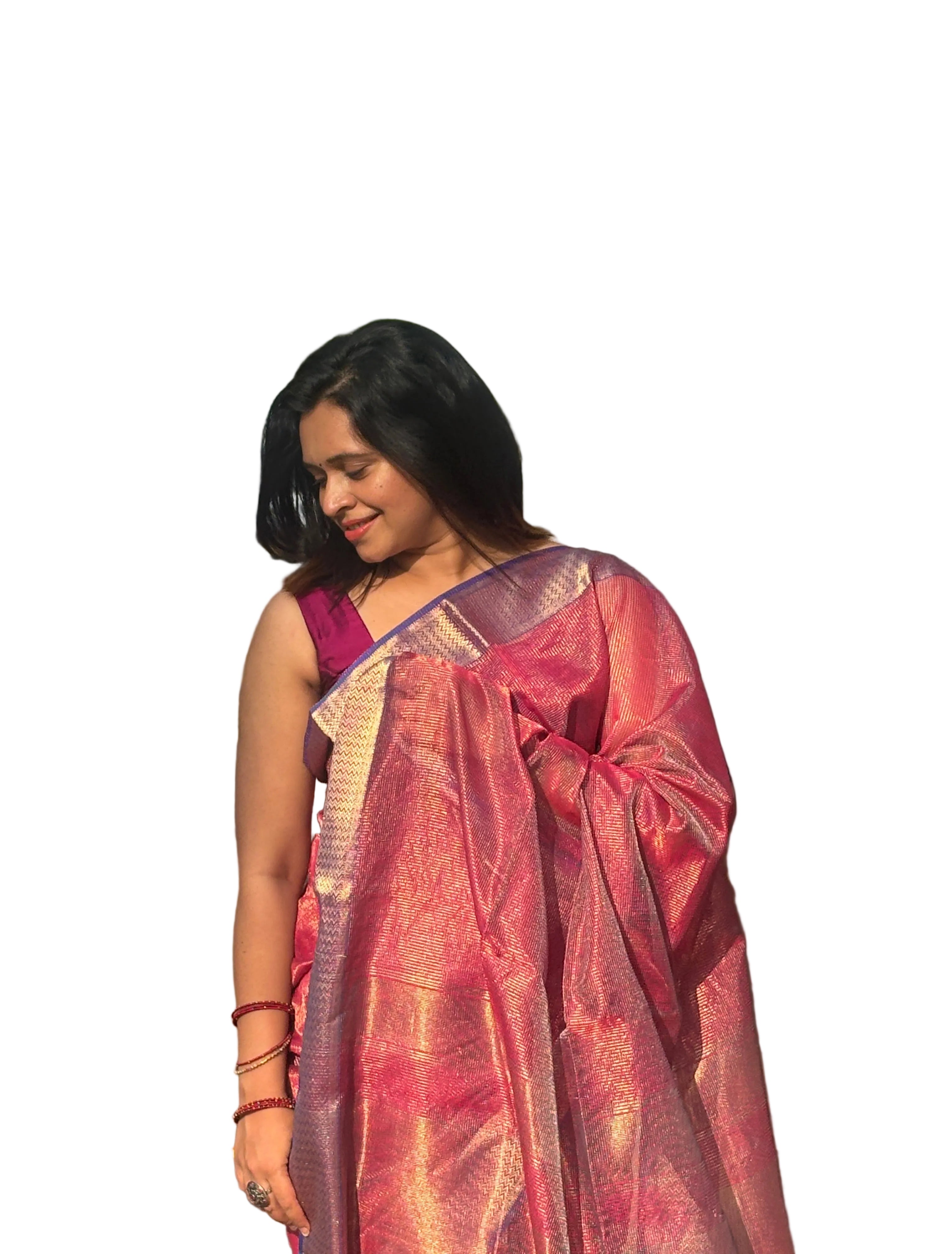 Authentic Deep Rose Pink Handloom Maheshwari Silk Cotton Tissue Saree with Silver Zari Checks | SUTA-SAGA