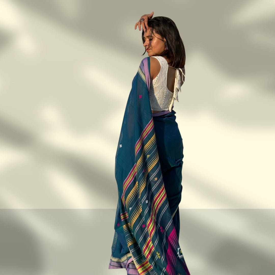 Authentic Bhujodi Handloom Teal BlueCotton Saree | Kutch Weaving & Extra‑Weft Designs