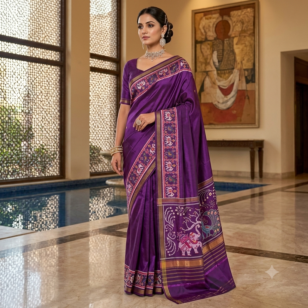 Deep Purple Single Ikat Pure Silk Saree with Multicolor Animal Motifs and Rich Zari Border β Perfect for Weddings & Festive Wear