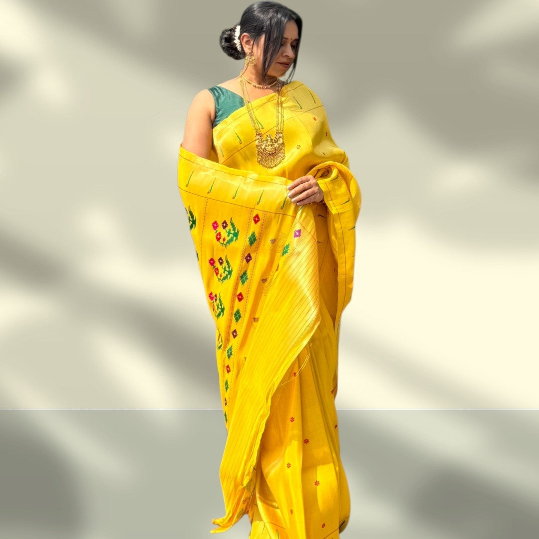 Premium Brocade Tissue Silk Paithani Saree with yellow Zari Border & Multicolor Floral Pallu – Traditional Maharashtrian Handloom