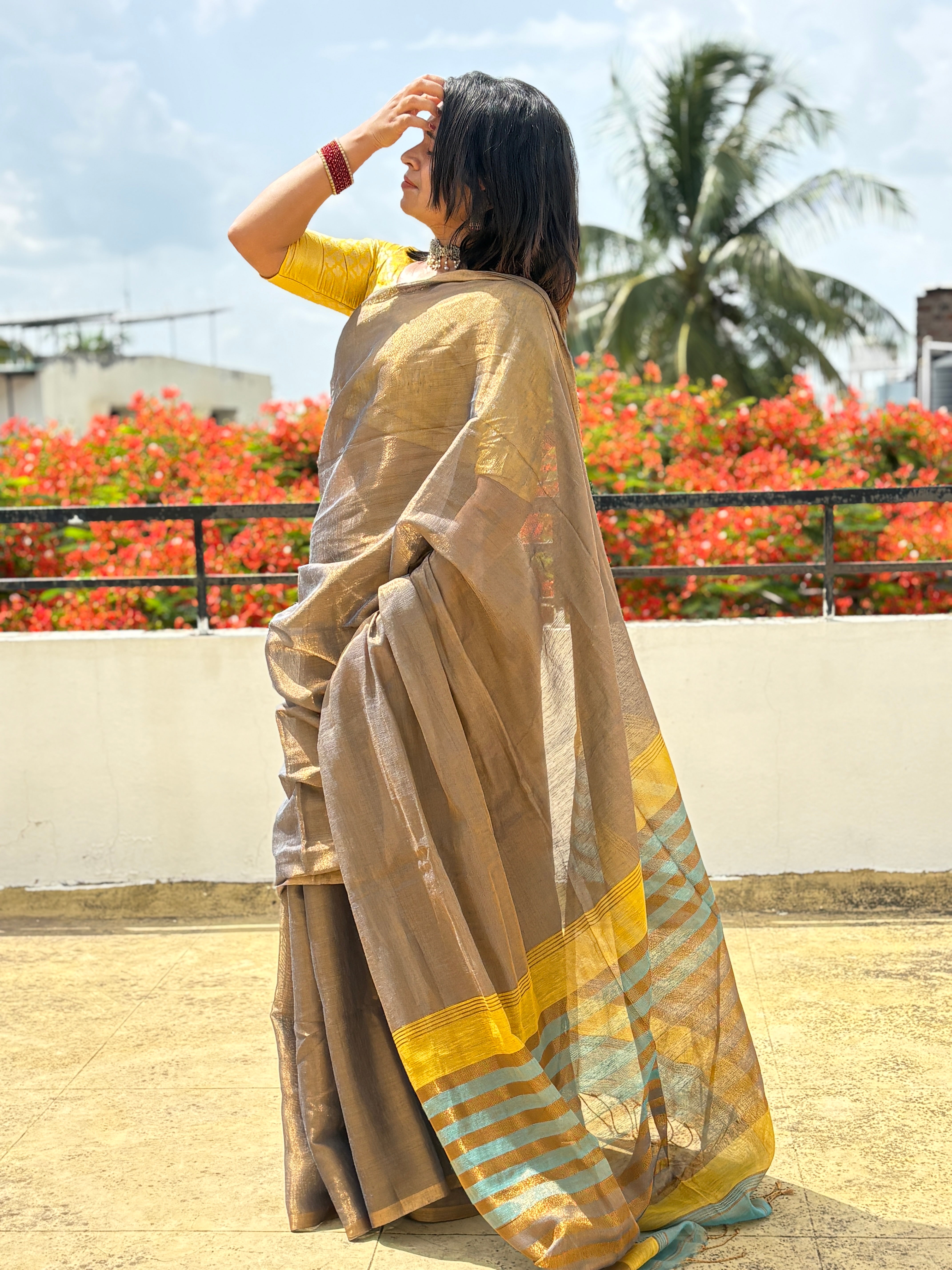 Premium Linen Tissue Jamdani Saree with Golden Zari Border | Festive Collection