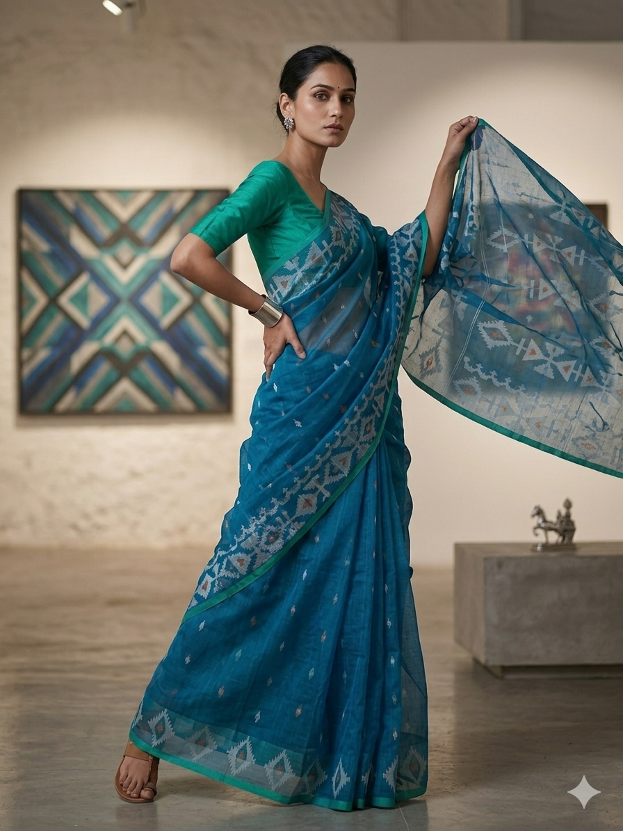 Authentic Pure Muslin Blue Jamdani Saree | Festive Handloom Saree | SUTA-SAGA