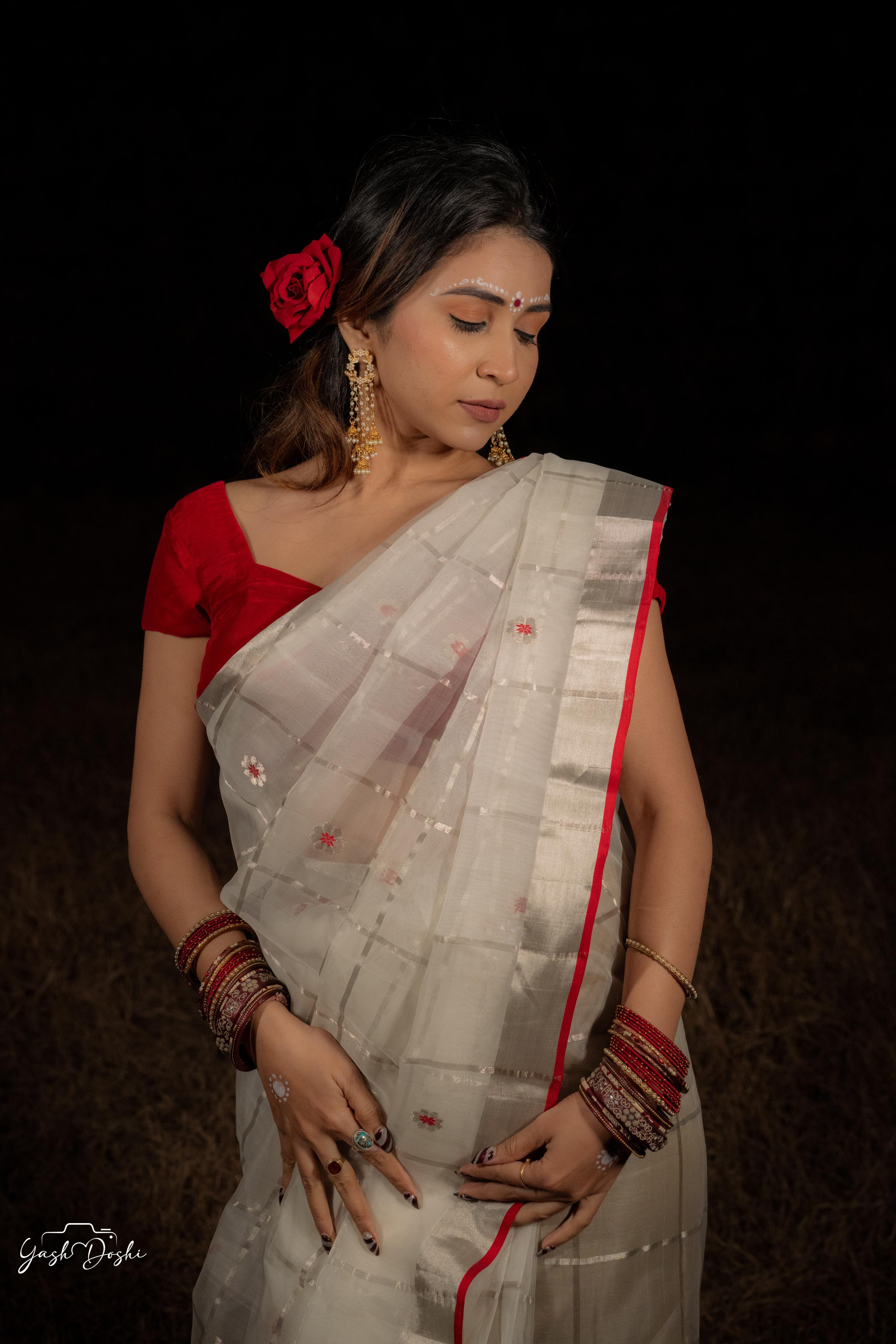 Premium unique white Organza Katan Silk Chanderi Saree with Silver Zari Checks & Floral Buttas| SUTA‑SAGA