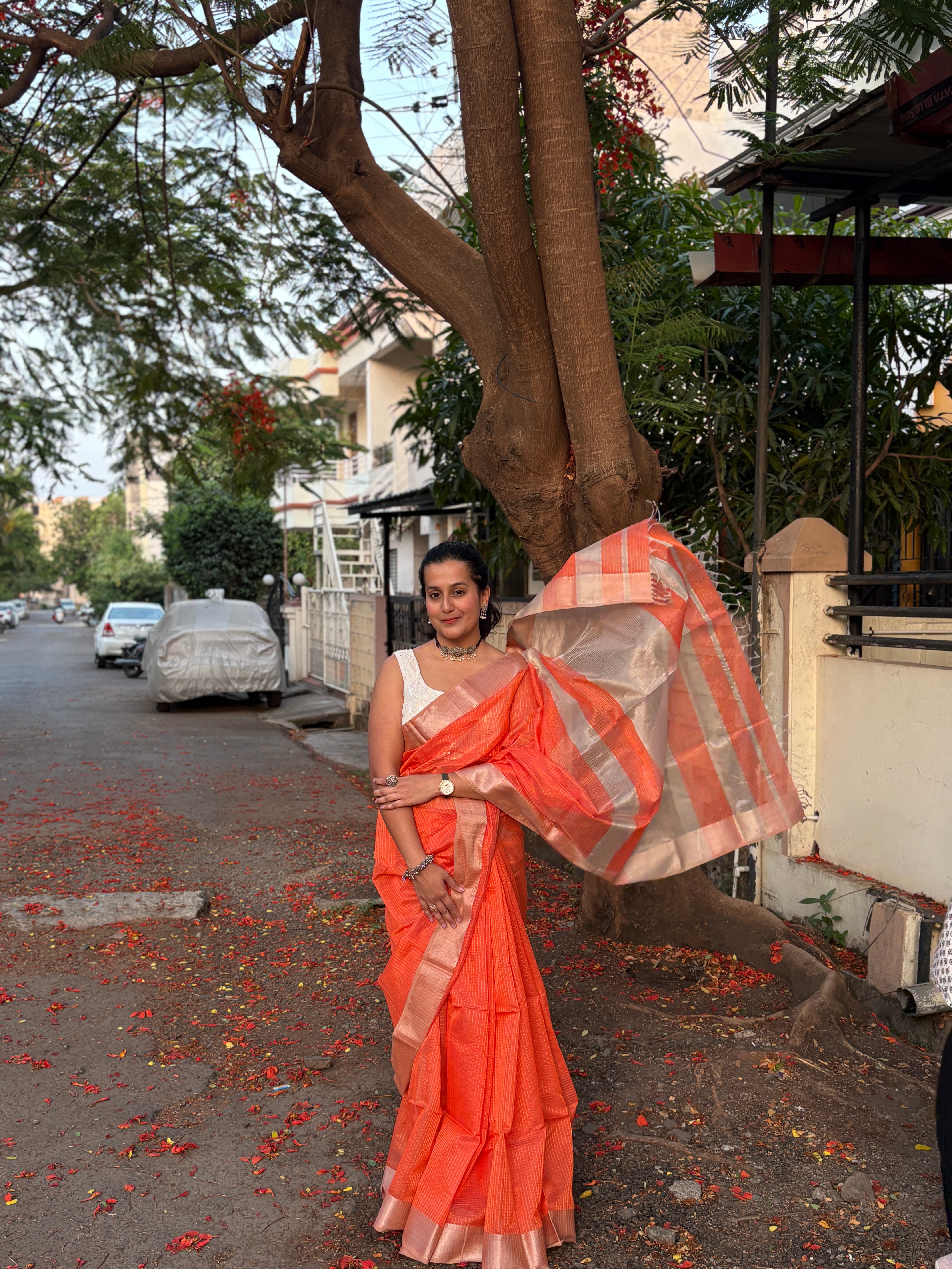 Authentic Sunset orange (or coral) Handloom Maheshwari Silk Cotton Saree with Silver Zari Checks | SUTA-SAGA