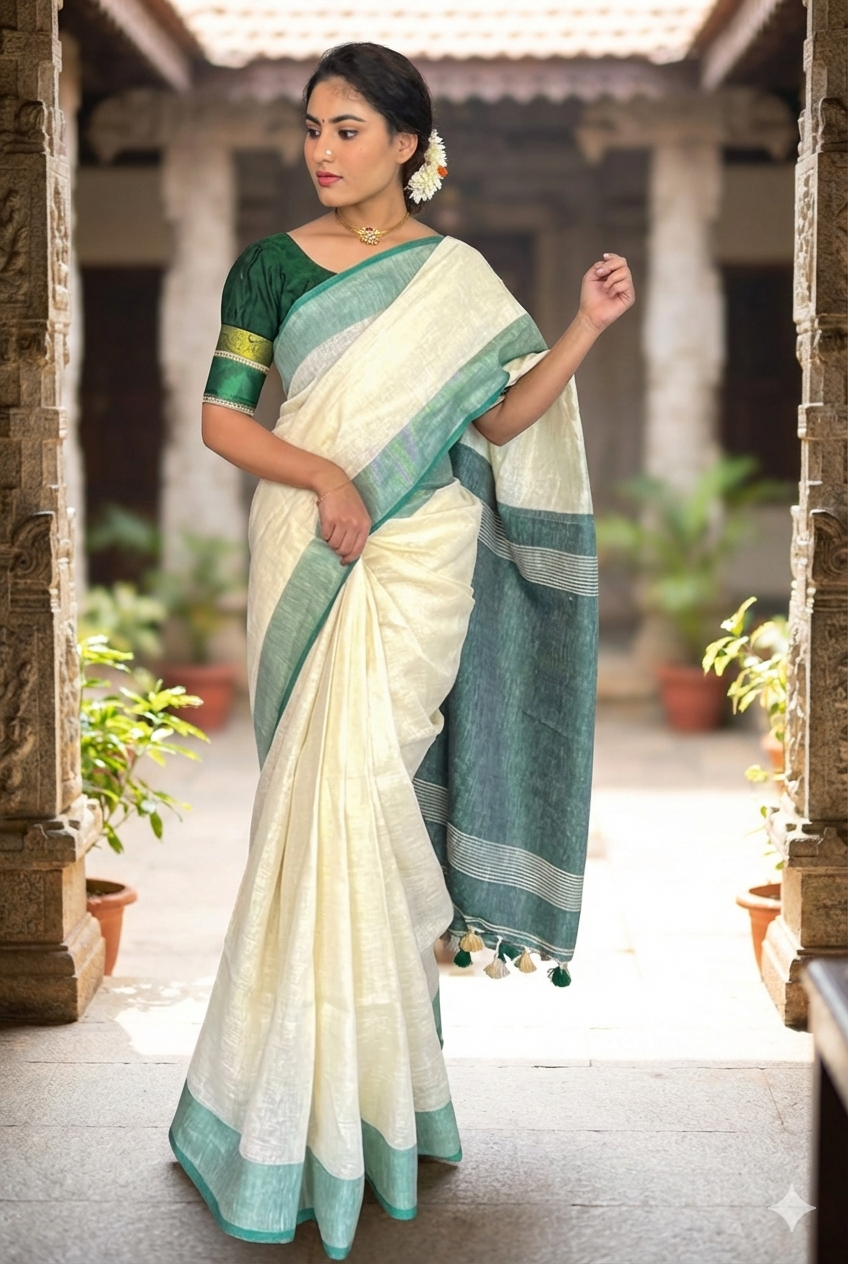 Pure Linen Saree in Cream with Emerald Green Border & Tassels