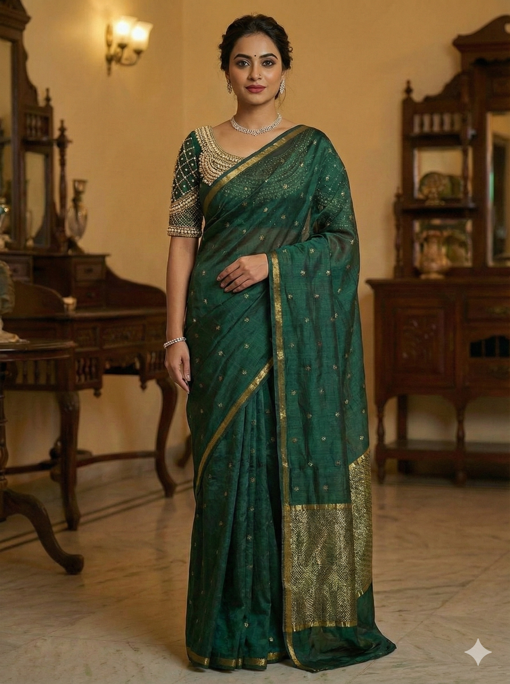 Premium unique Bottle Green Chanderi Pattu Silk Saree with Gold Zari Butta & Rich Tissue Border