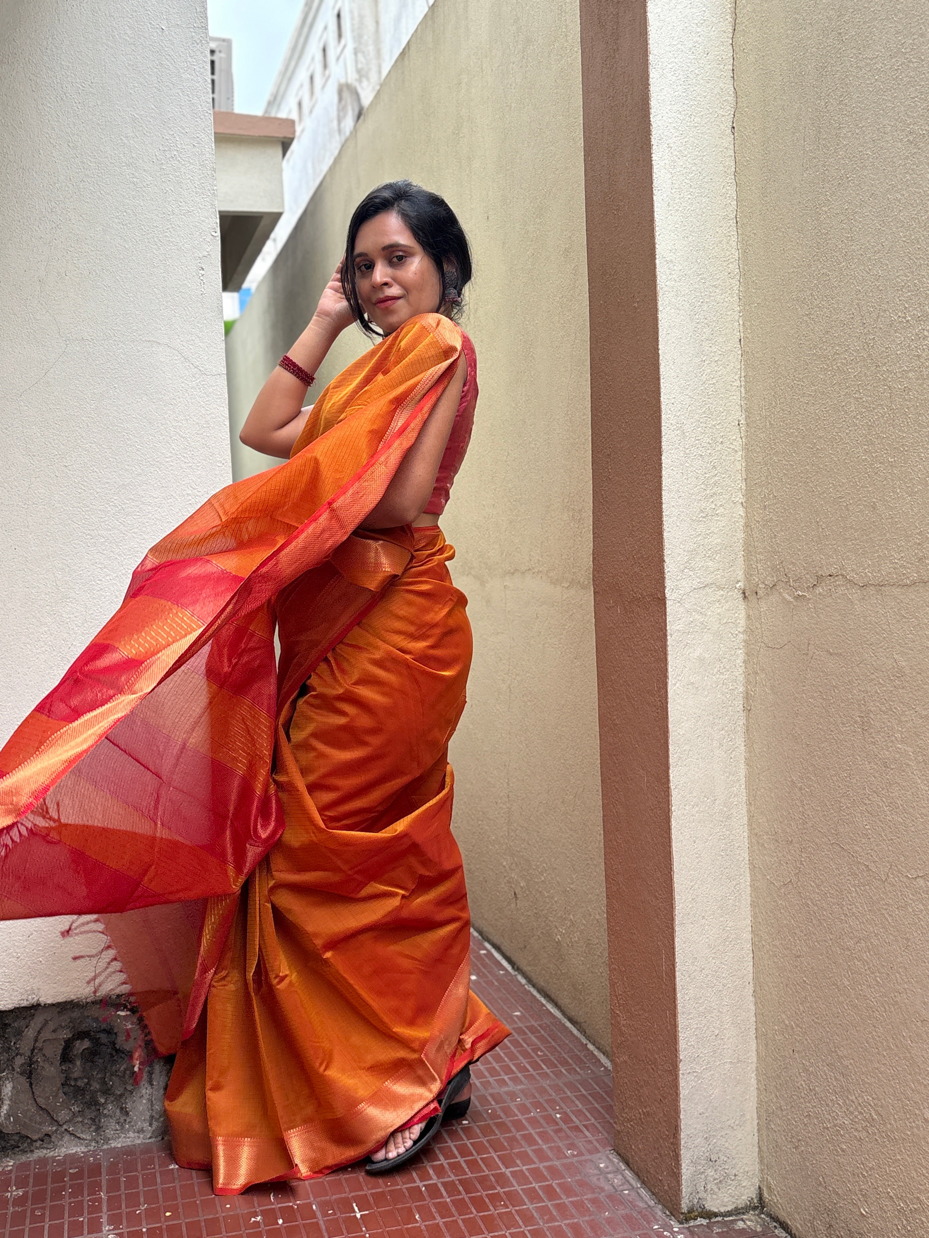 Authentic Deep Orange Handloom Maheshwari Silk Cotton Saree with Golden Zari | SUTA-SAGA