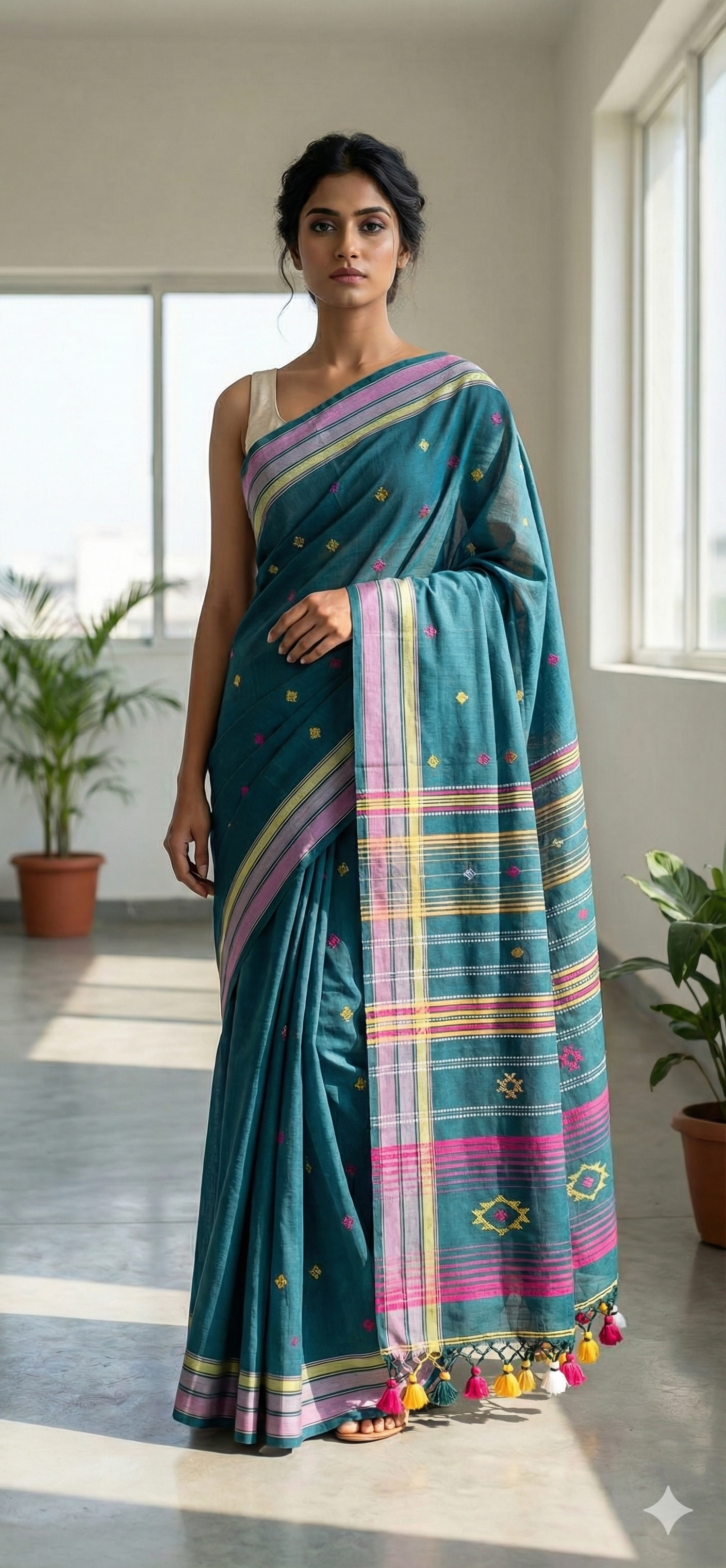 Authentic Bhujodi Handloom Teal BlueCotton Saree | Kutch Weaving & Extra‑Weft Designs