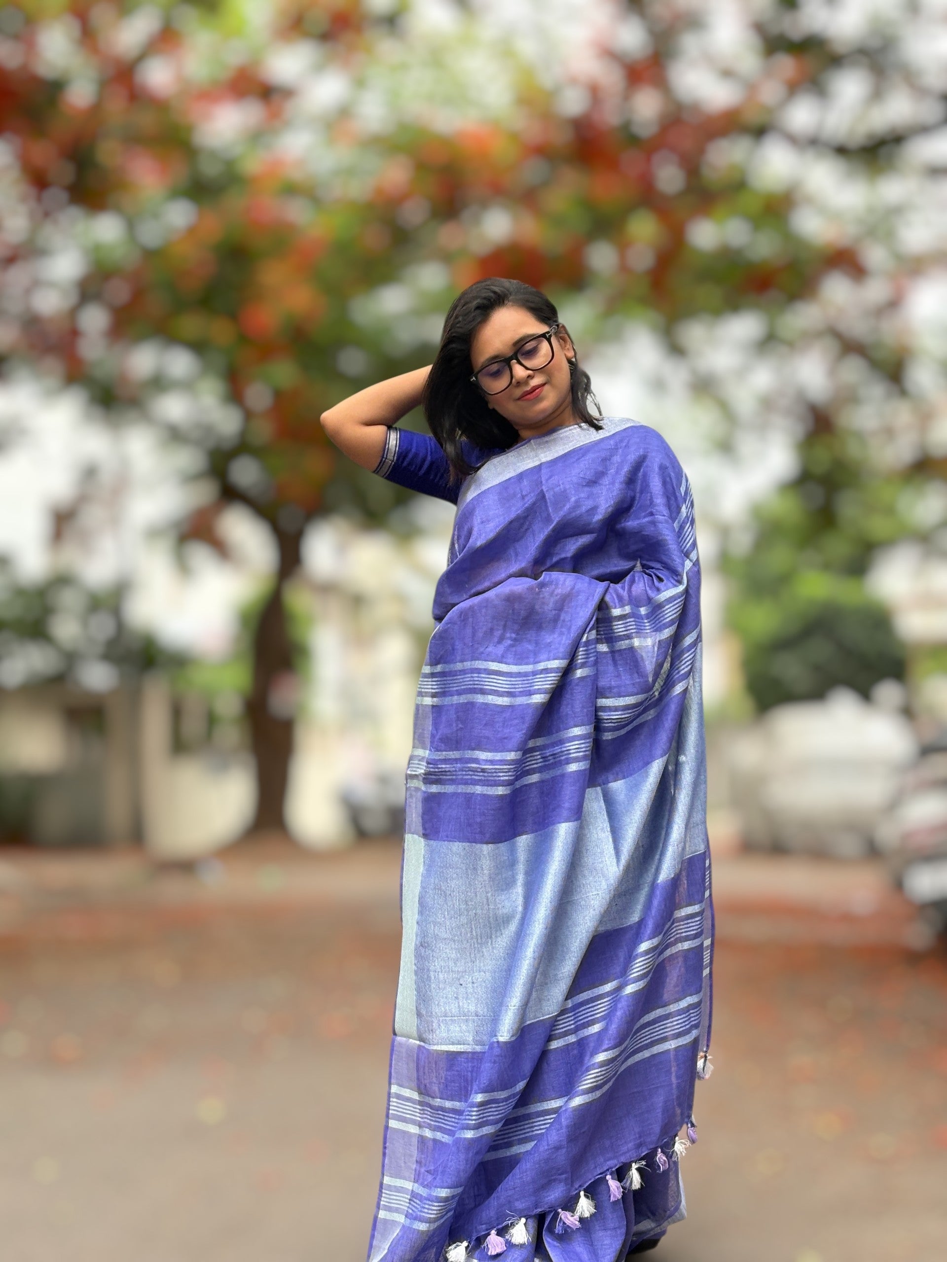 Organic Blue Pure Linen Saree with Silver Border | Natural Office Wear