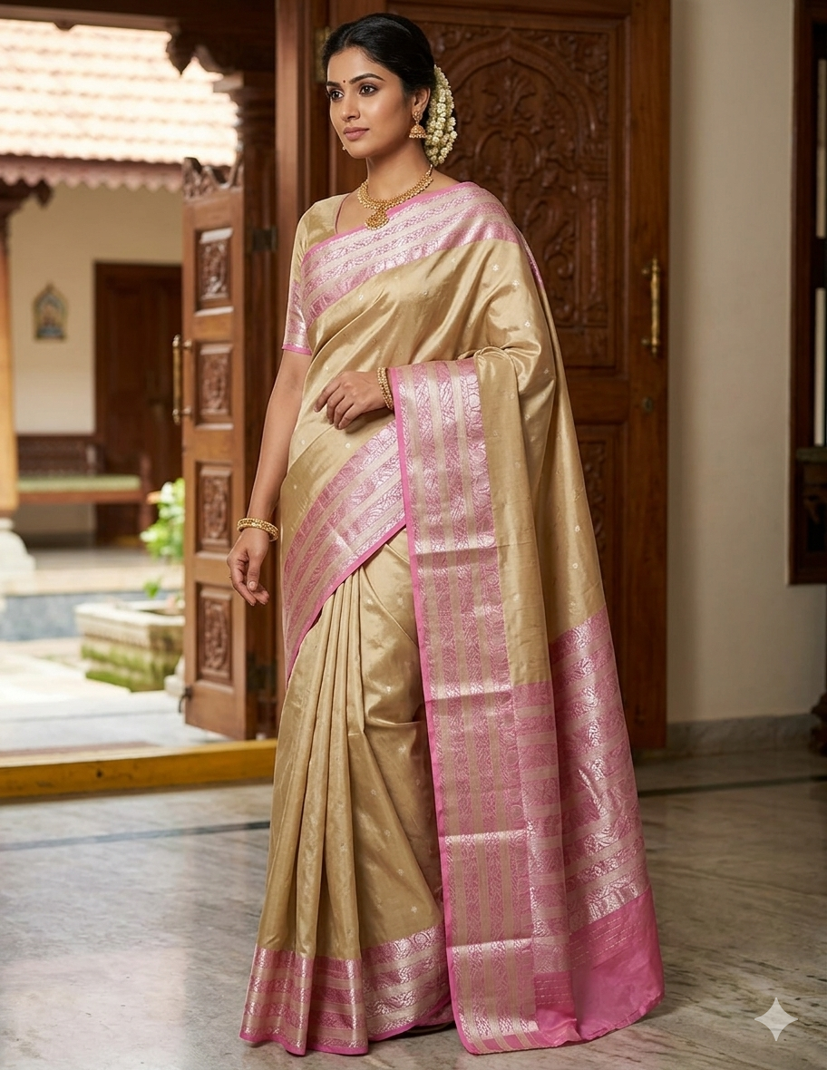 Handwoven Chanderi Pattu Silk Saree | Golden Beige & Pink | SUTA-SAGA
