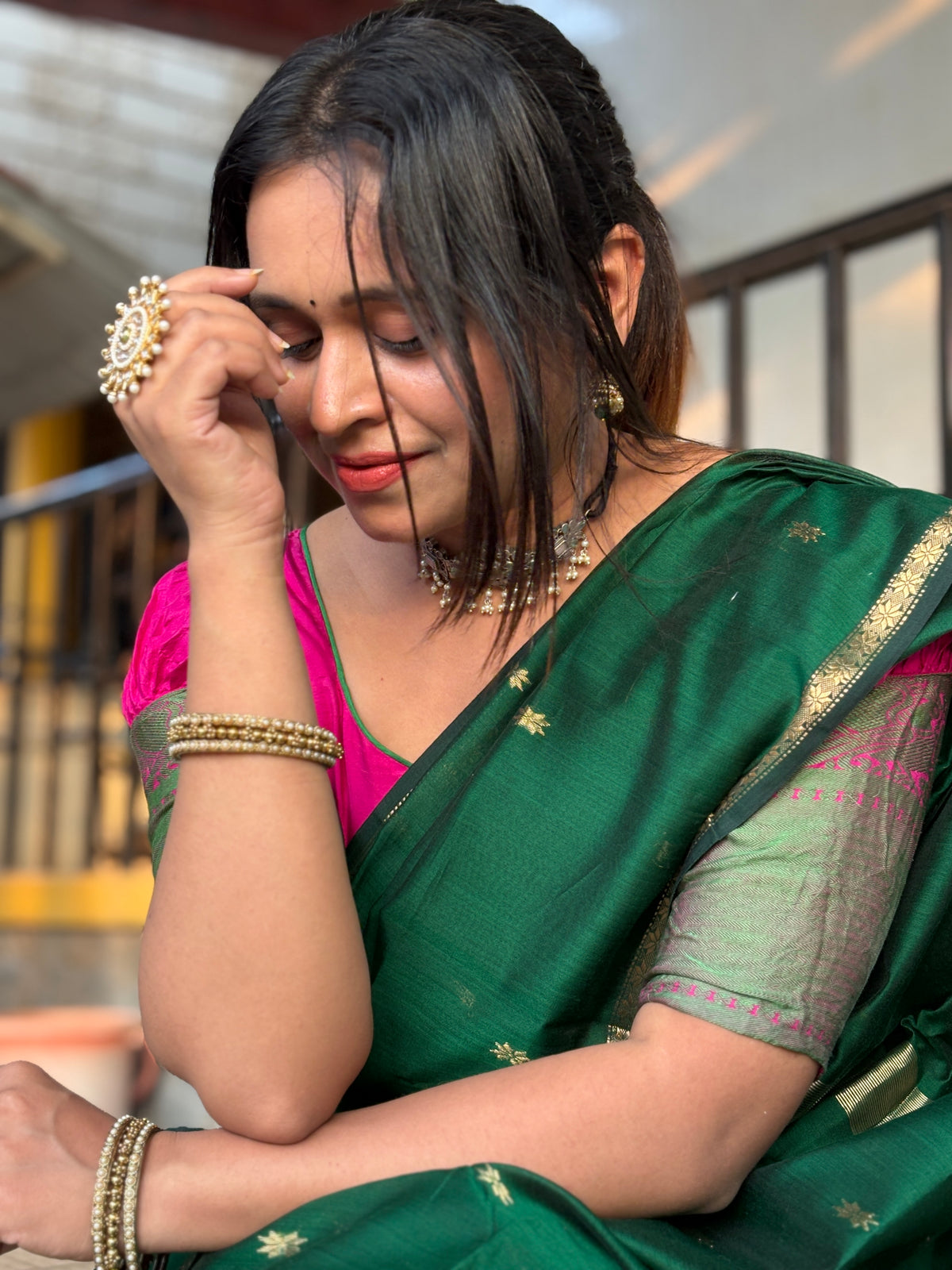 Authentic Bottle Green Maheshwari Silk Cotton Saree with Gold Zari Buttis | SUTA-SAGA