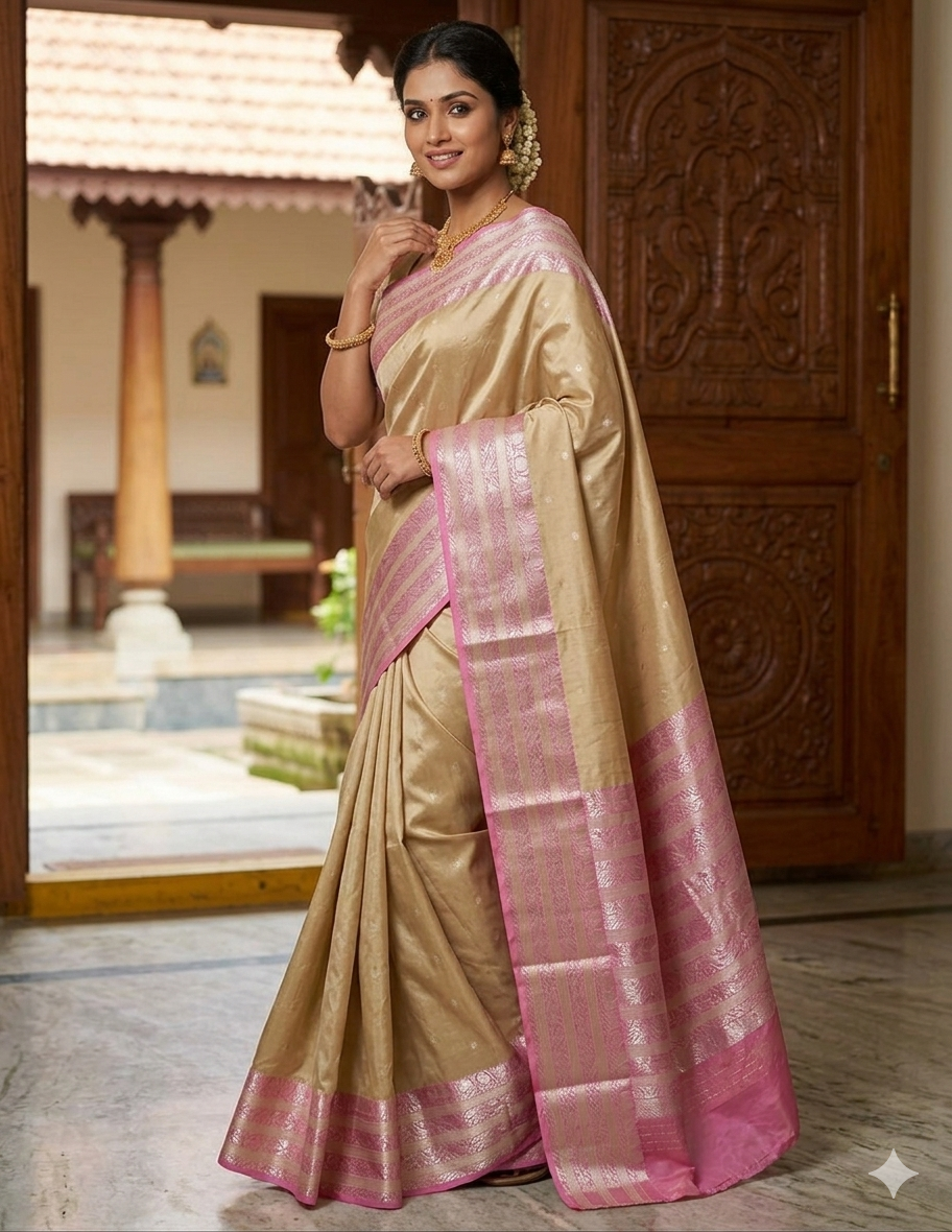 Handwoven Chanderi Pattu Silk Saree | Golden Beige & Pink | SUTA-SAGA