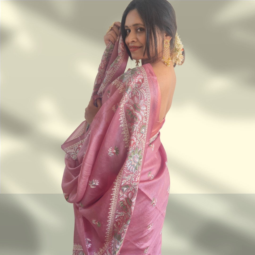 Authentic Dusty Rose Handloom Tusser Silk Saree with Intricate Floral Threadwork | SUTA-SAGA