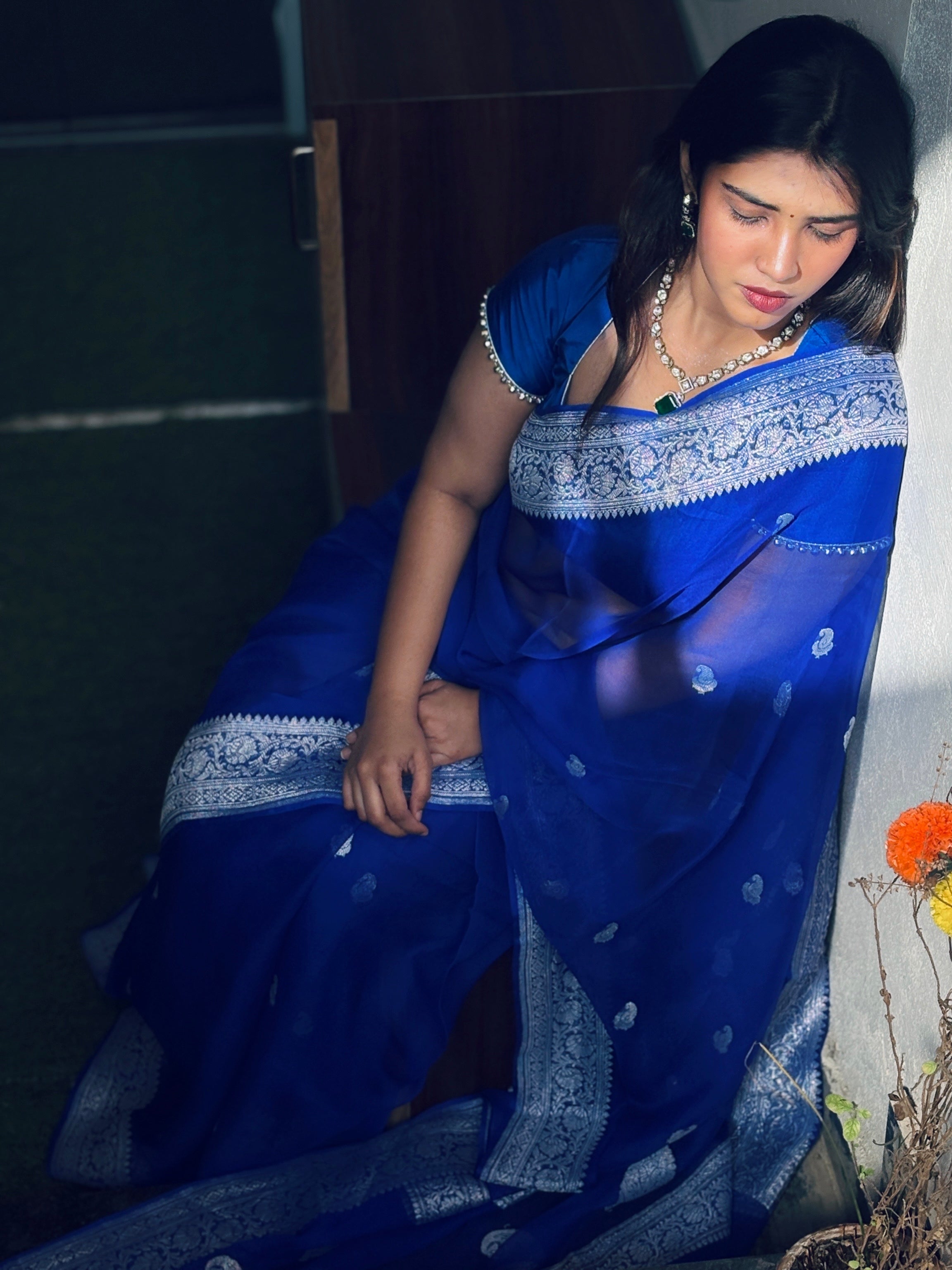 khaddi Chiffon Mysore Silk blue Saree – Handcrafted Elegance