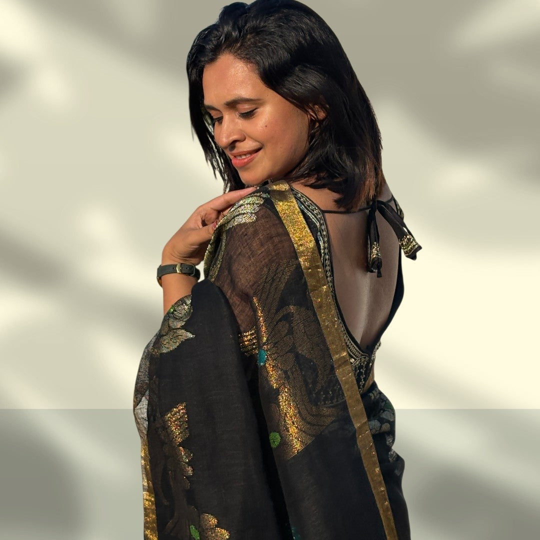 Premium Black Linen Saree with Golden Zari Border | Designer Floral Weaves | Festive Collection