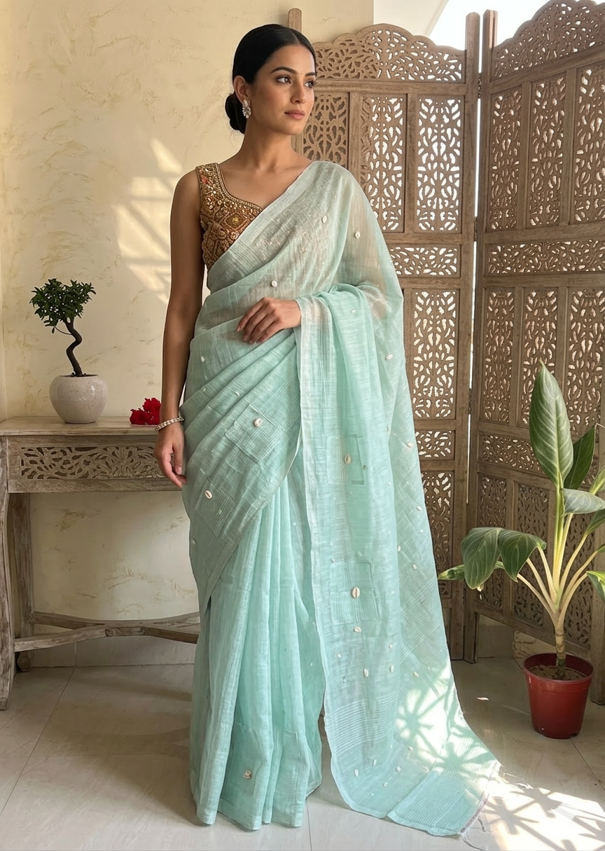 Handwoven Sea GlassGreen Matka silk Saree with Unique Pocket Shell Work | SUTA-SAGA