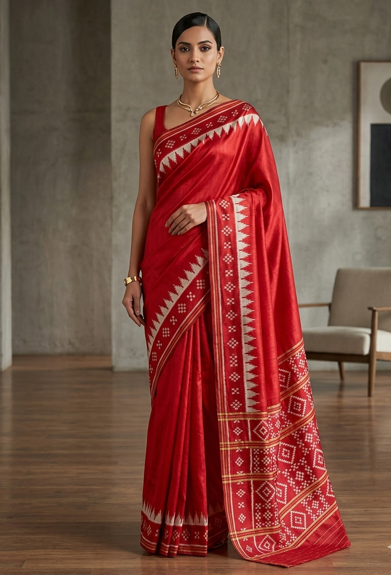 EXCLUSIVE Pasapalli Mulberry Pata Silk Red Saree – Heritage Checkered Ikat with Classic Anchal