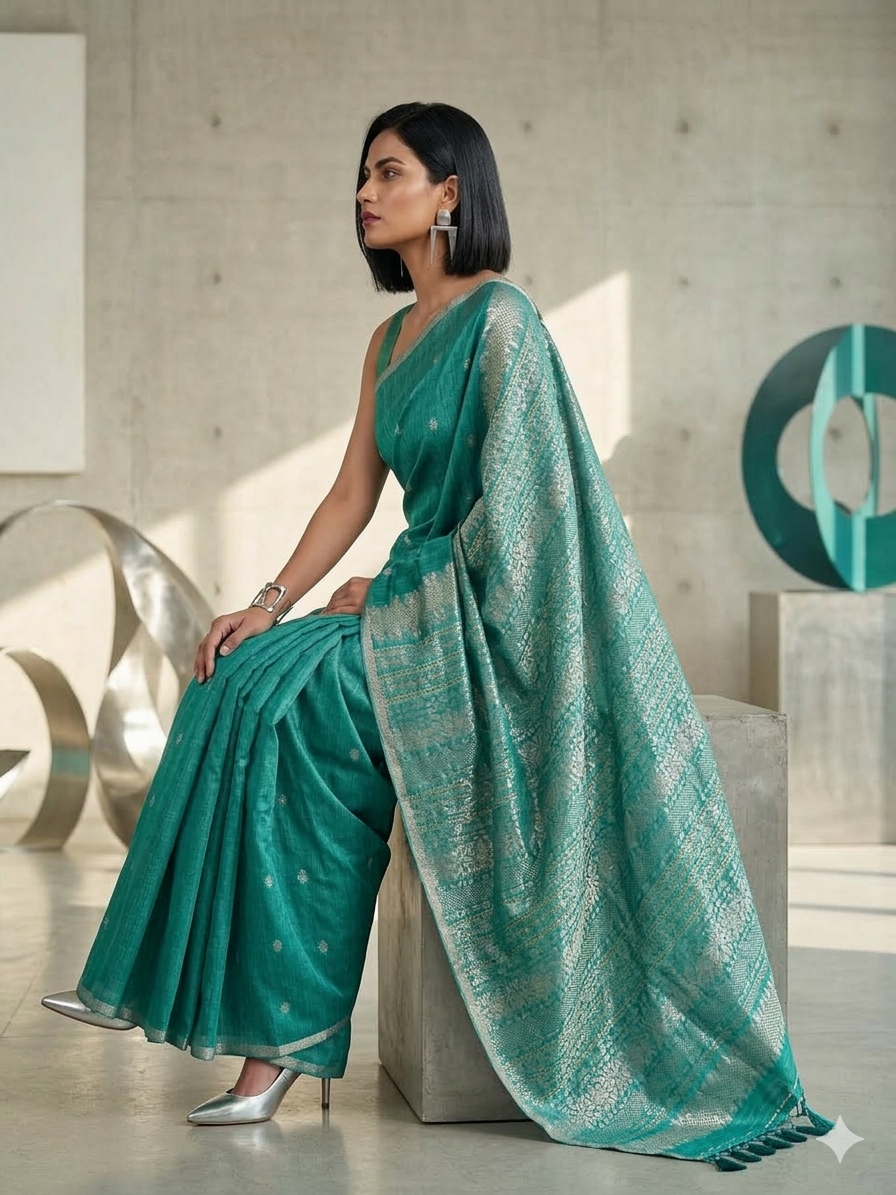 Elegant Emerald Green Matka Silk Saree with Intricate Antique Gold & Silver Jamdani Weave – Handloom Ethnic Wear | SUTA-SAGA