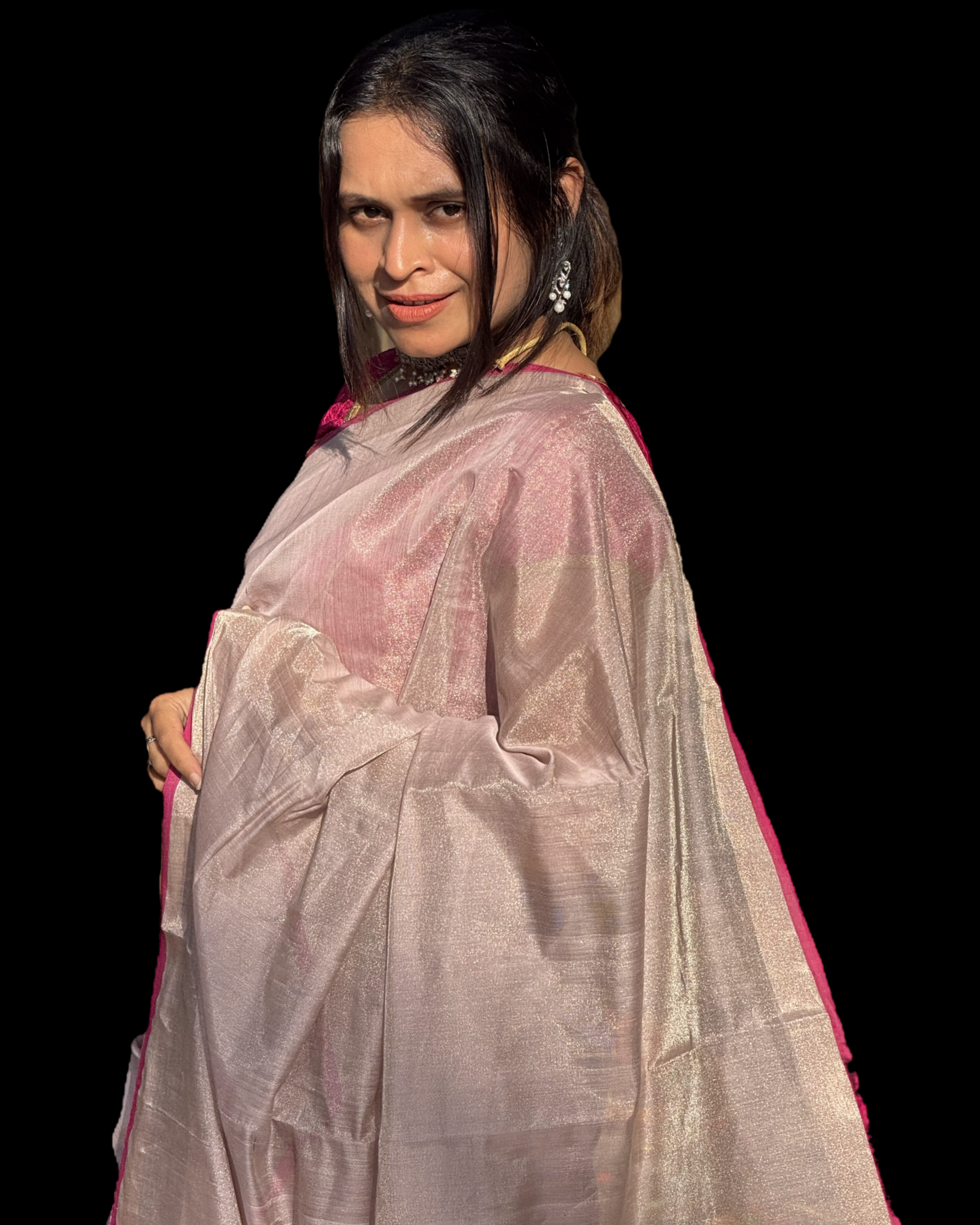Exclusive Off-white & Pink Pure Tissue Silk Saree | SUTA-SAGA | Lightweight Festive Drape