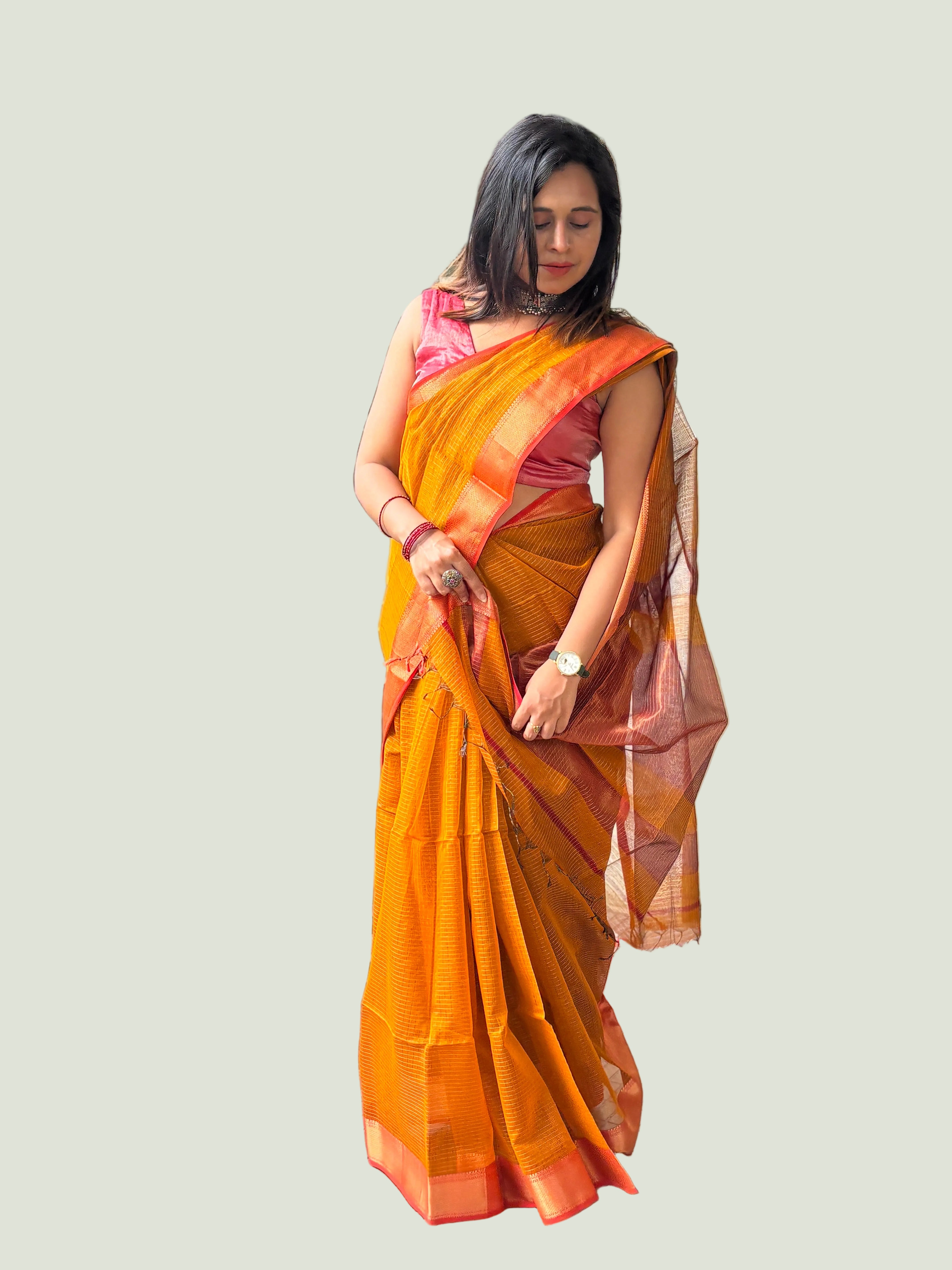 Authentic Deep Yellow Handloom Maheshwari Silk Cotton Saree with Golden Zari | SUTA-SAGA