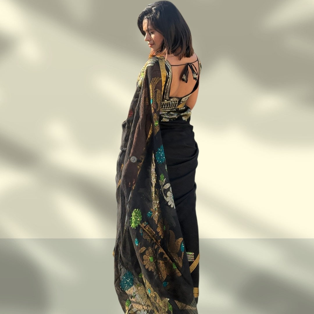 Premium Black Linen Saree with Golden Zari Border | Designer Floral Weaves | Festive Collection