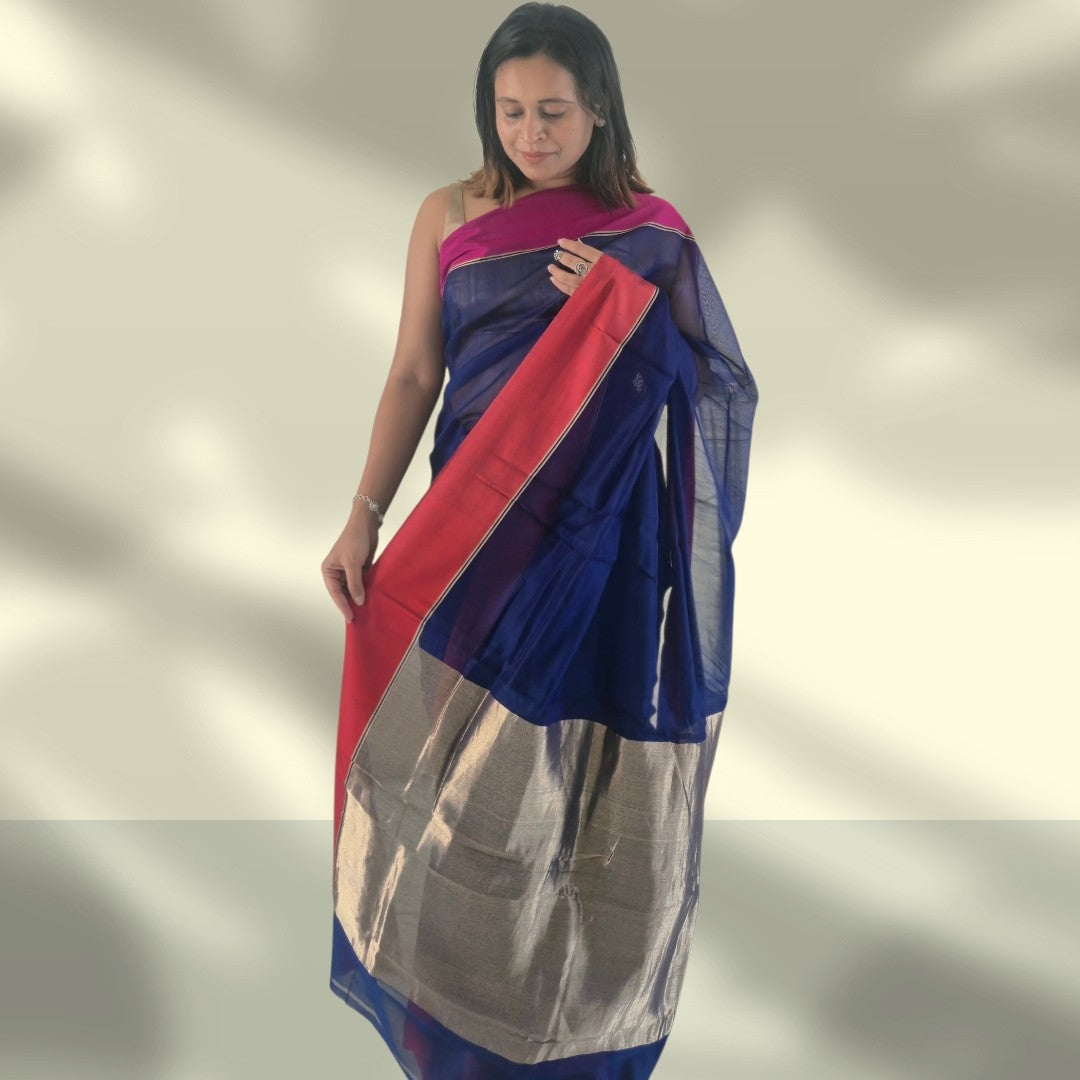 Designer Cotton Silk Blend Saree with Zari Chanderi weave Ganga Jamuna Borders | SUTA-SAGA