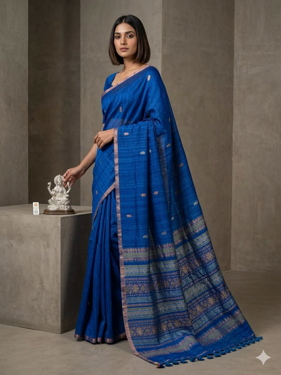 Elegant Blue Matka Silk Saree with Intricate Antique Gold & Silver Jamdani Weave – Handloom Ethnic Wear | SUTA-SAGA