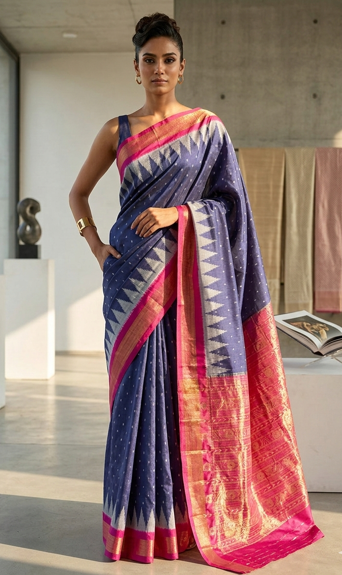 Handwoven Designer Tissue Silk Saree | Traditional Odisha Temple Border - Odisha Handloom