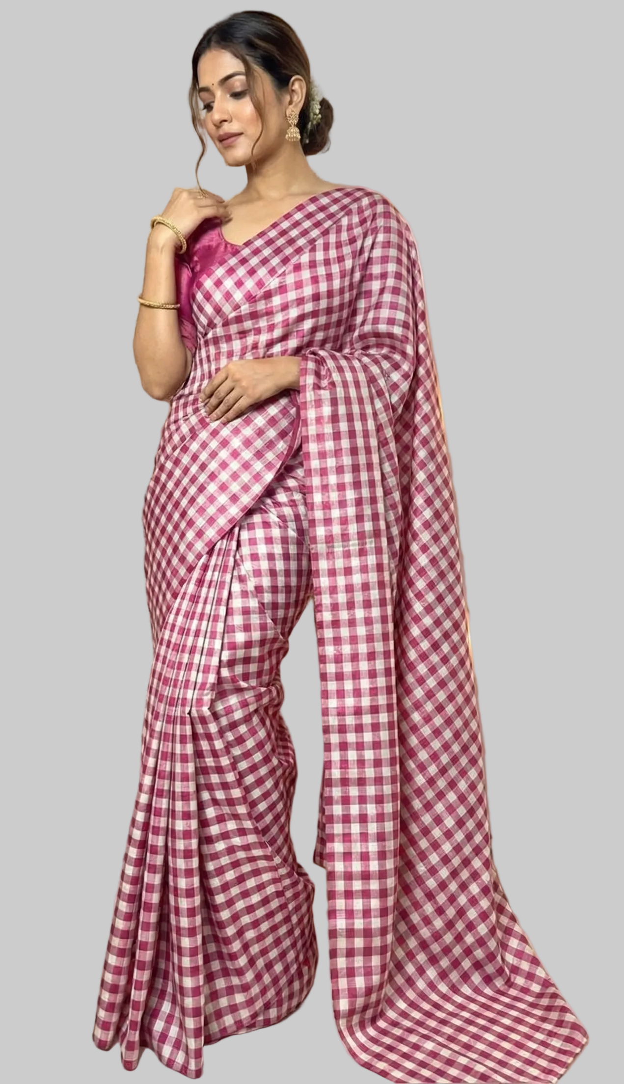Magenta Pink & Silver Checkered Tissue Chanderi Handloom Saree | Lightweight Festive Drape