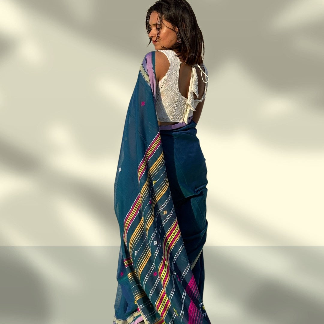 Authentic Bhujodi Handloom Teal BlueCotton Saree | Kutch Weaving & Extra‑Weft Designs