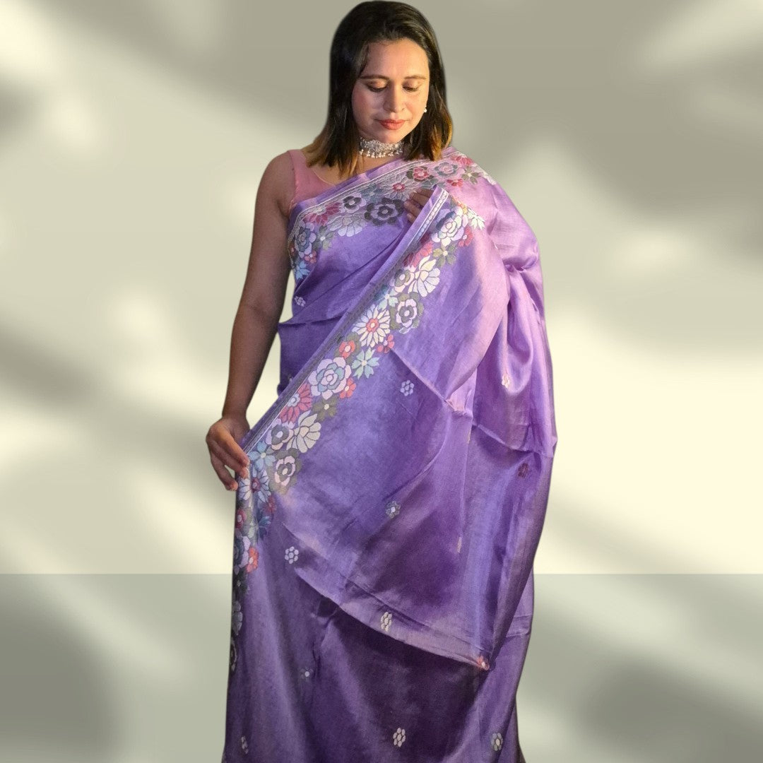 Authentic Vibrant Lavender Handloom Tusser Silk Saree with Intricate Floral Threadwork | SUTA-SAGA