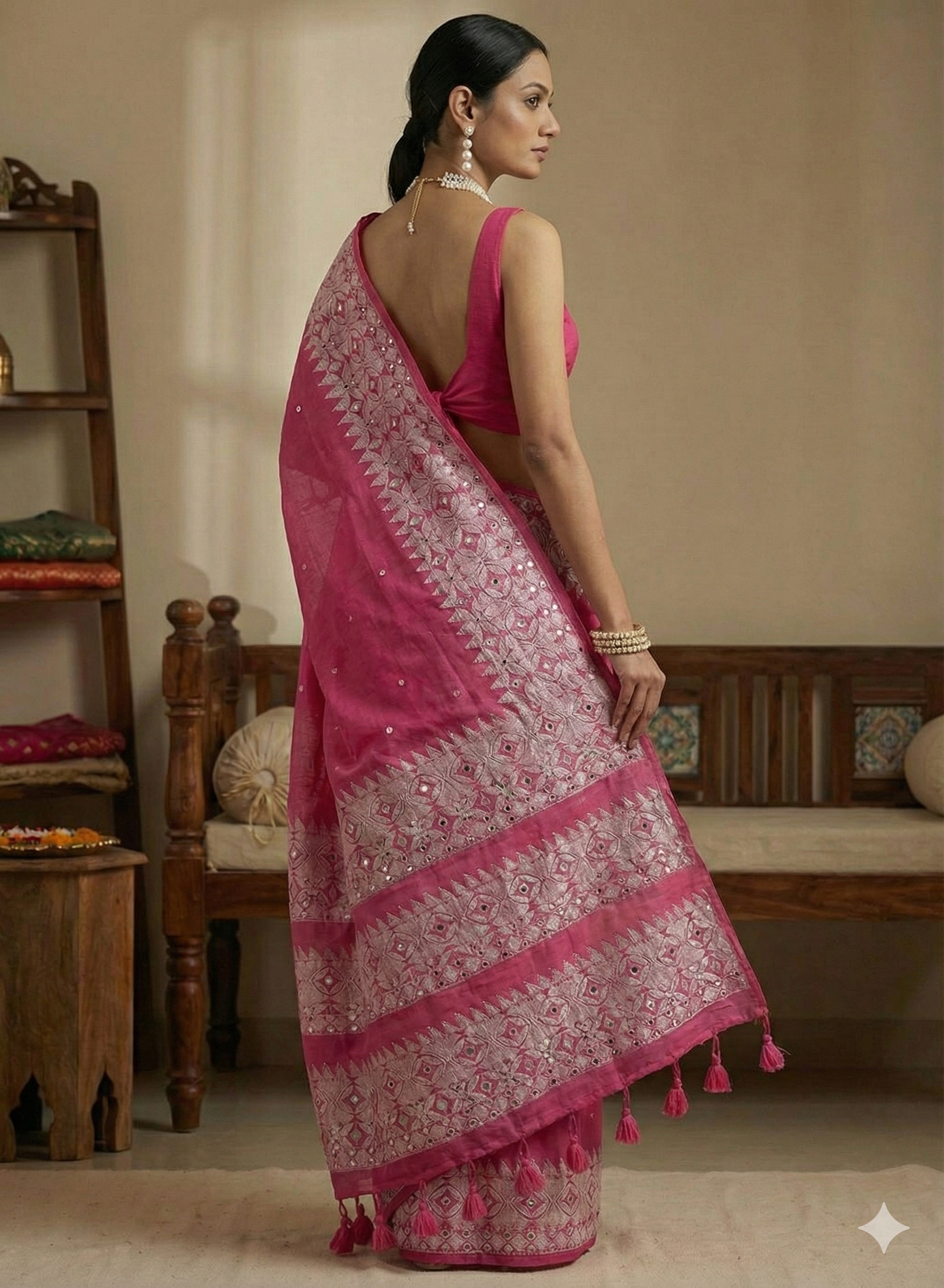 Authentic Gujarati Mulmul Saree with Hand-Stitched Mirror Work – Pink & White