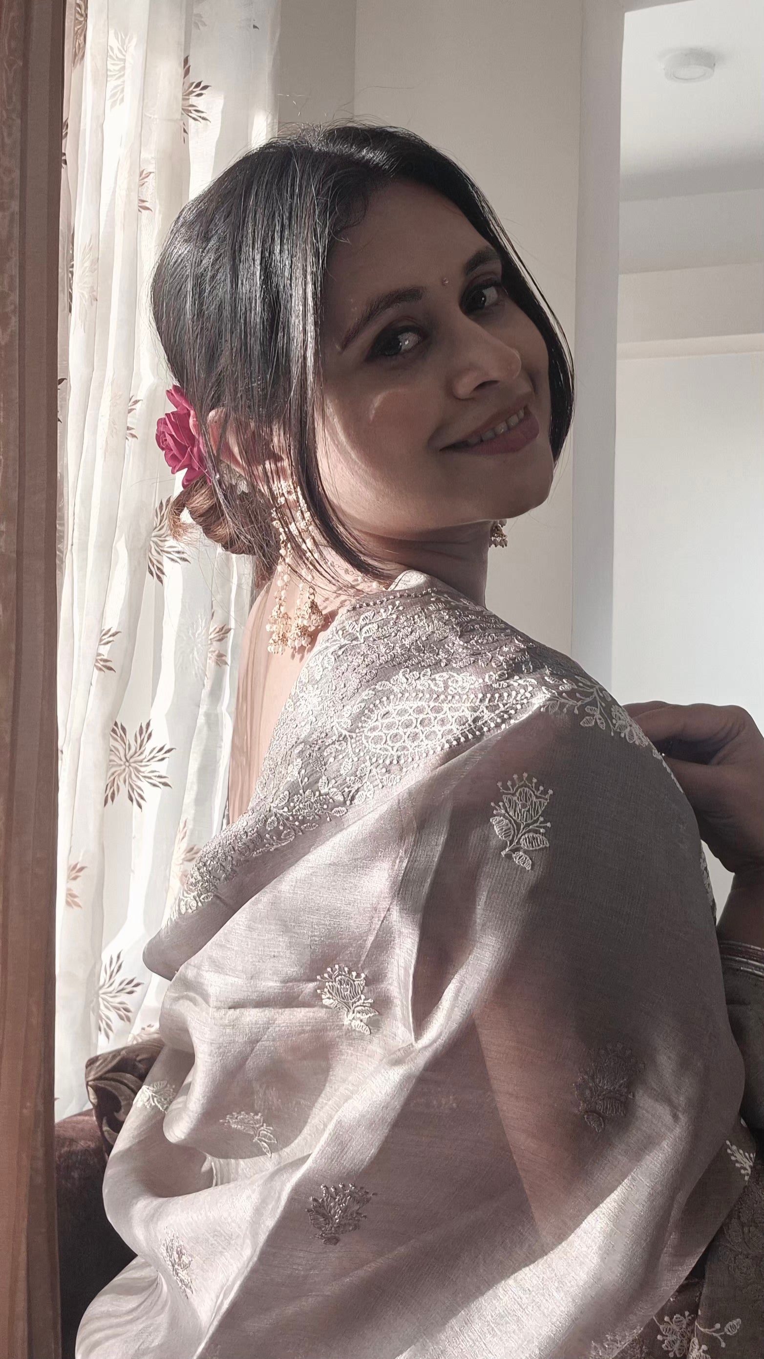 Authentic Silver-Taupe Tussar Silk Chikankari Fusion Handloom Saree | SUTA-SAGA