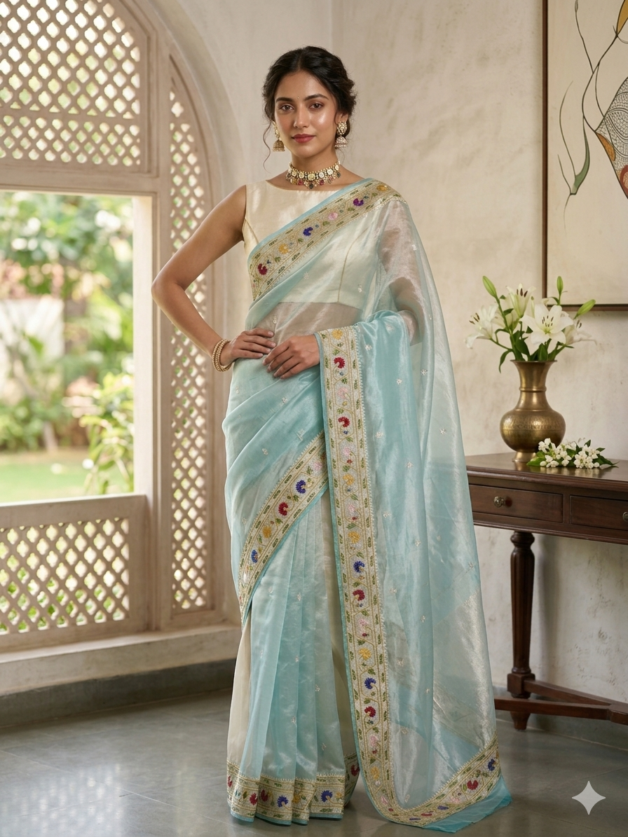 Banarasi Pure Tissue Silk Saree | Aqua Blue with Silver Bhuttas & Multicolored Floral Zari Border