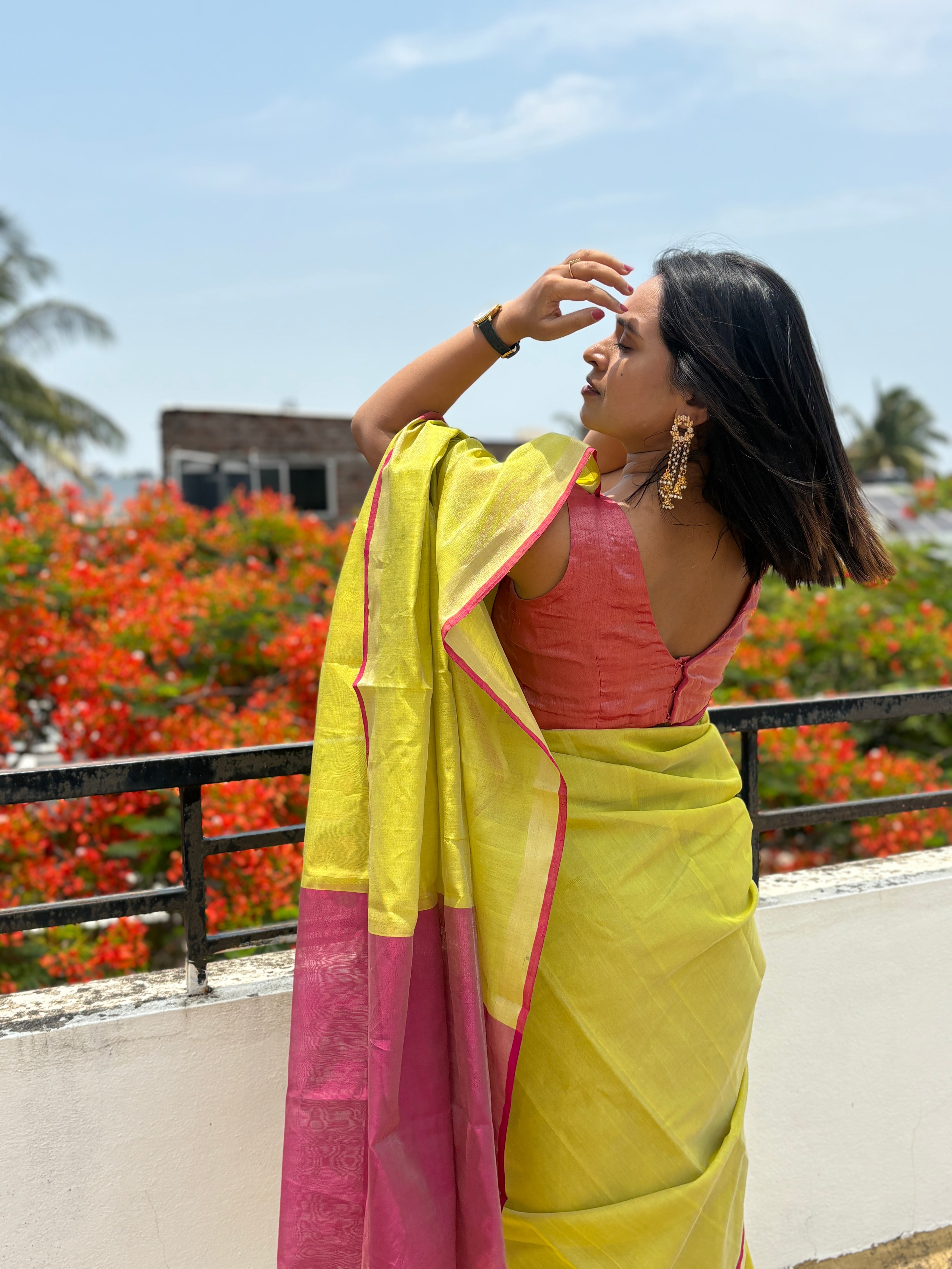 Exclusive Yellow & Pink Pure Tissue Silk Saree | SUTA-SAGA | Lightweight Festive Drape