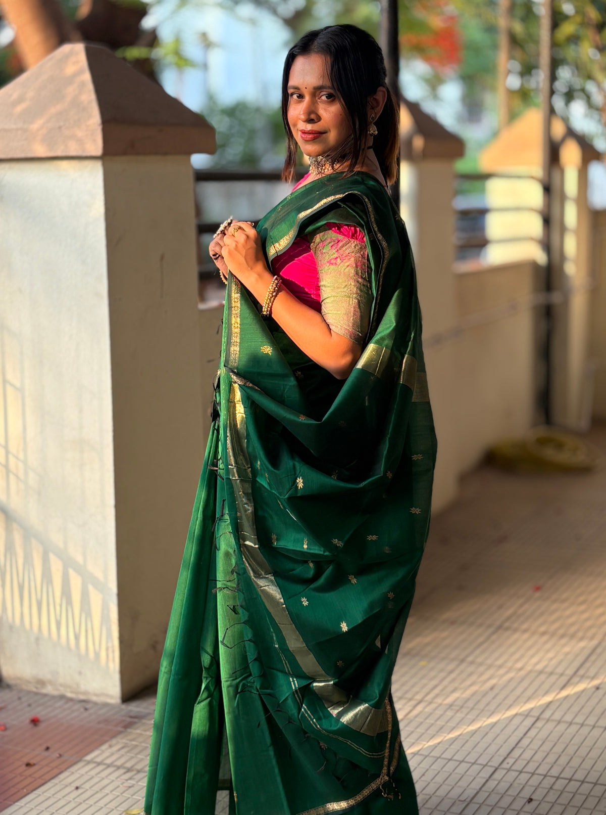 Authentic Bottle Green Maheshwari Silk Cotton Saree with Gold Zari Buttis | SUTA-SAGA