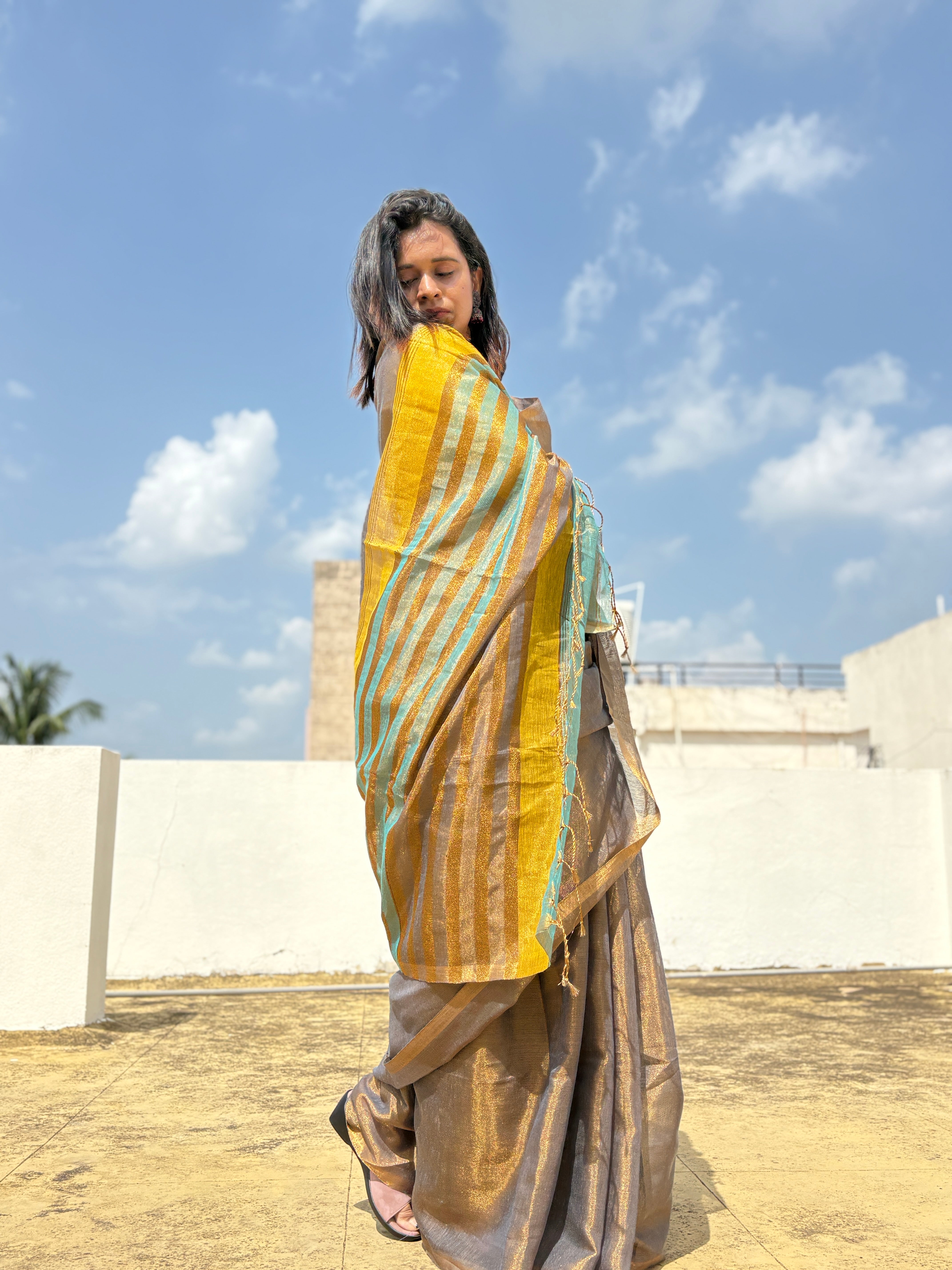 Premium Linen Tissue Jamdani Saree with Golden Zari Border | Festive Collection