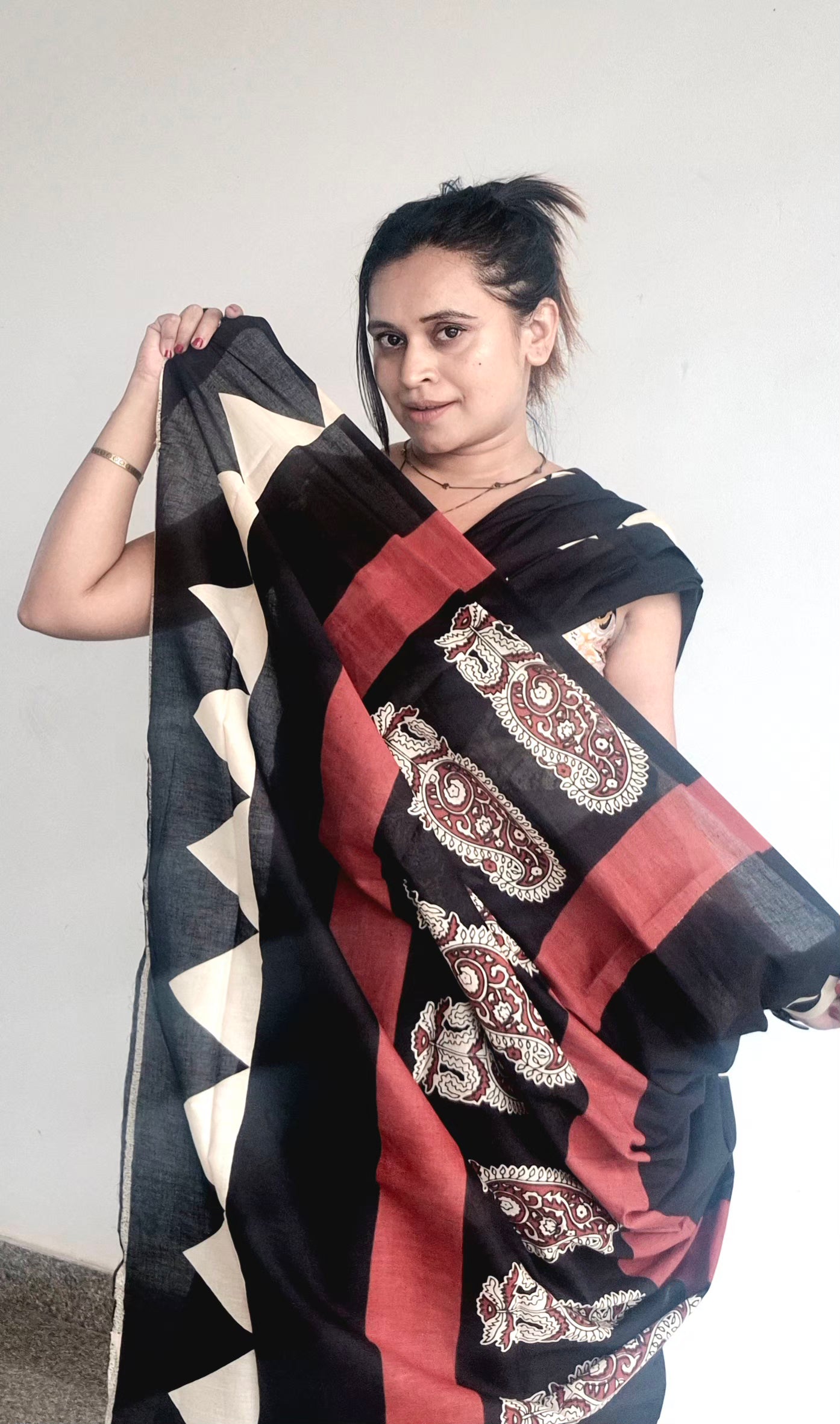 Natural Dyed hand blocked printed Mul Cotton Black Saree | SUTA-SAGA