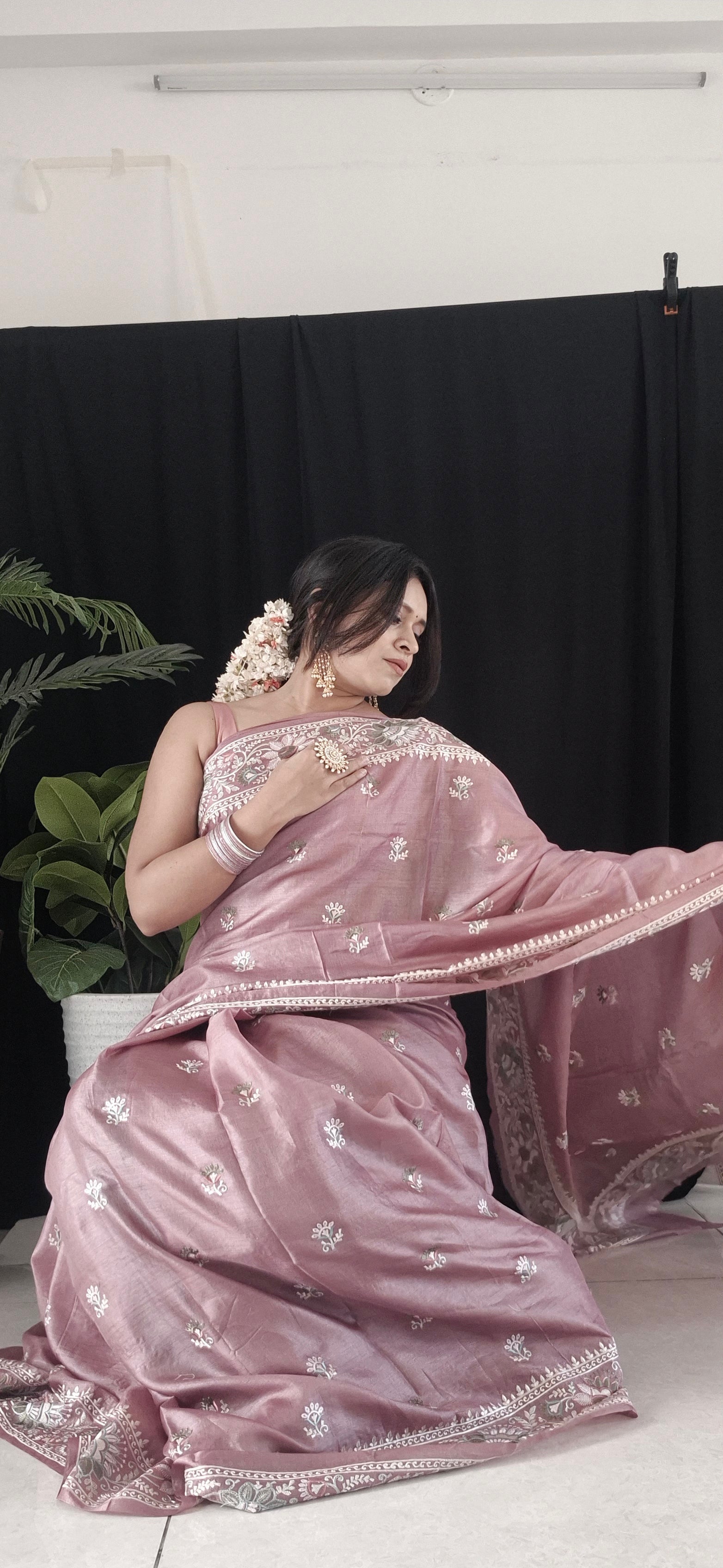 Authentic Dusty Rose Handloom Tusser Silk Saree with Intricate Floral Threadwork | SUTA-SAGA