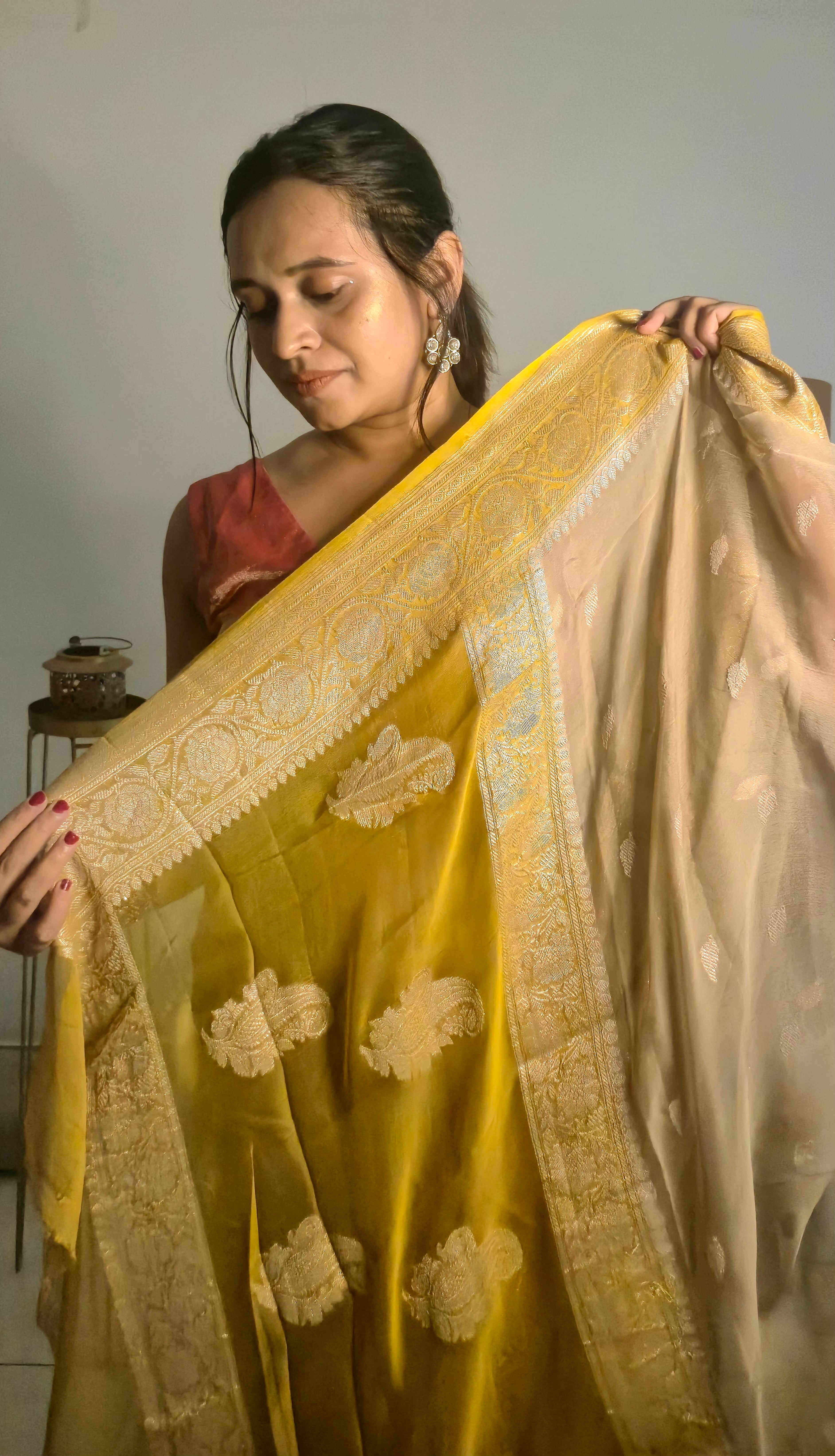 khaddi Chiffon Mysore Silk Erthy Biege Saree β Handcrafted Elegance