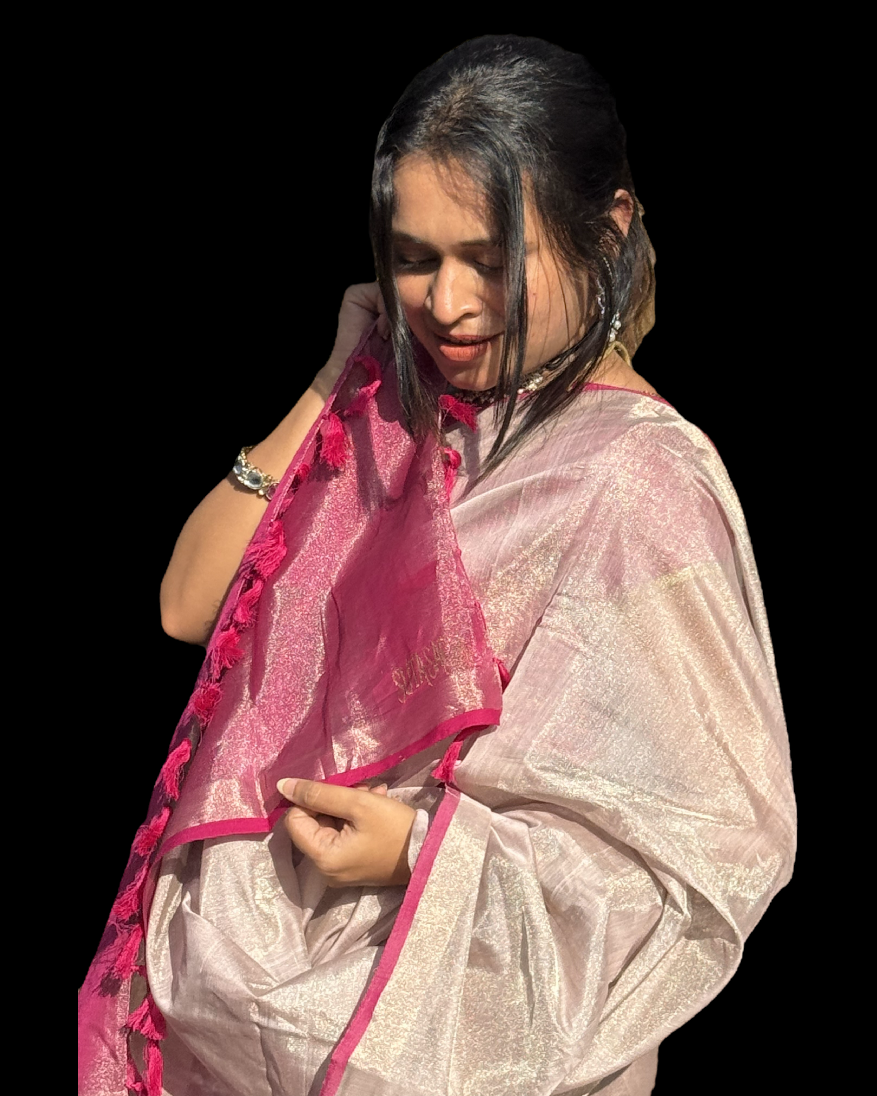 Exclusive Off-white & Pink Pure Tissue Silk Saree | SUTA-SAGA | Lightweight Festive Drape