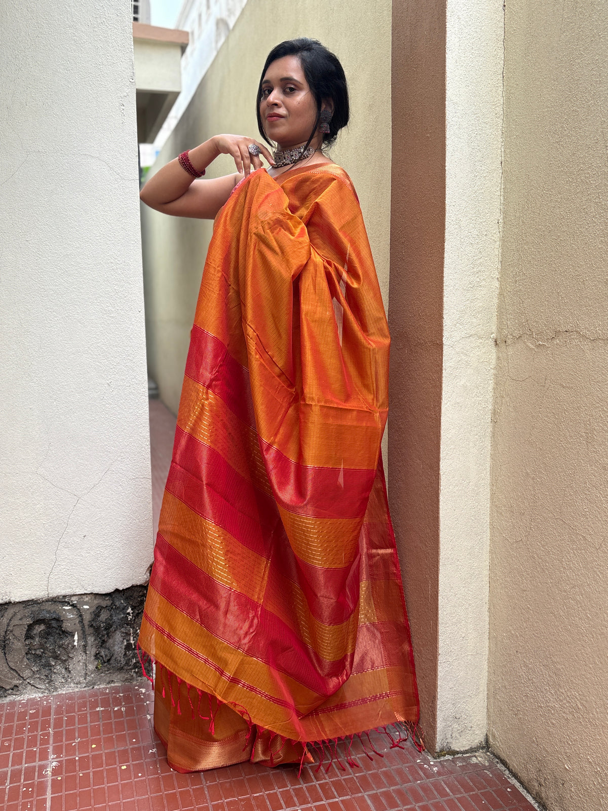 Authentic Deep Orange Handloom Maheshwari Silk Cotton Saree with Golden Zari | SUTA-SAGA