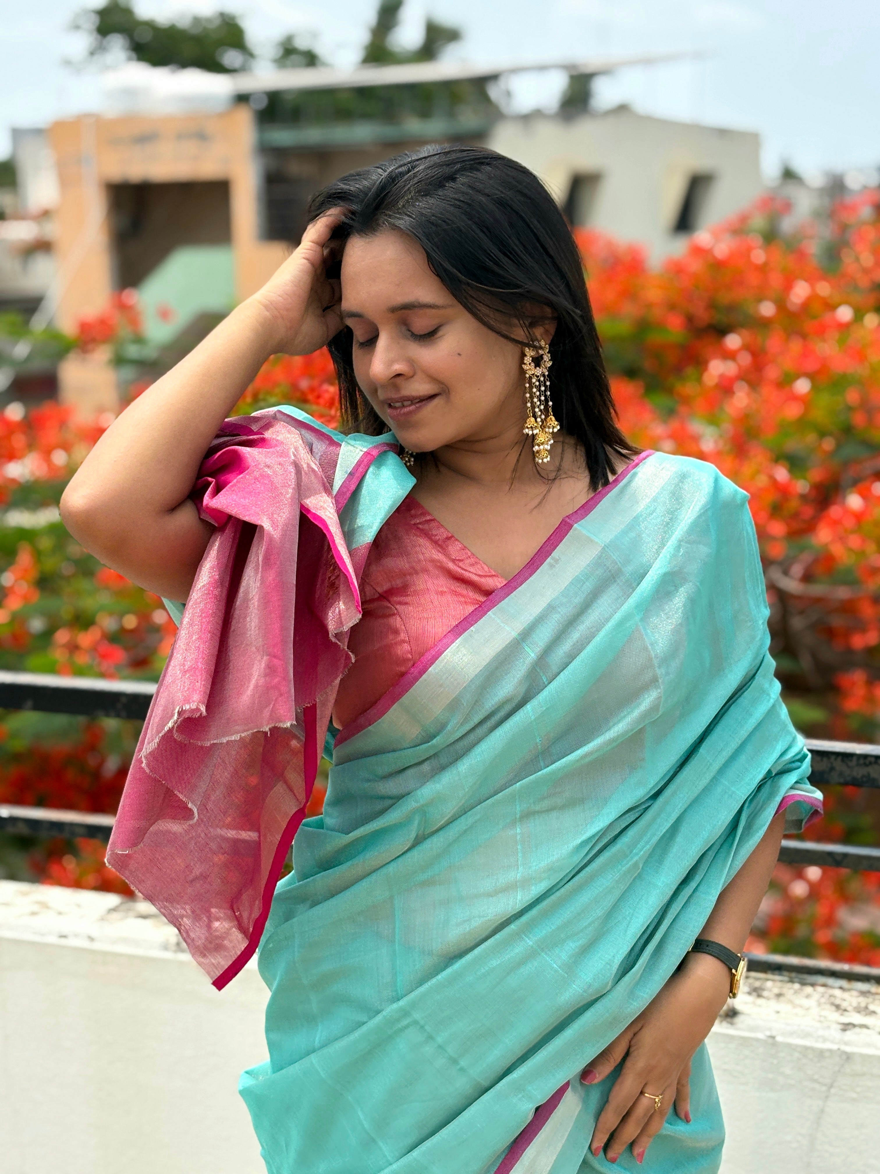 Exclusive Light turquoise & Pink Pure Tissue Silk Saree | SUTA-SAGA | Lightweight Festive Drape