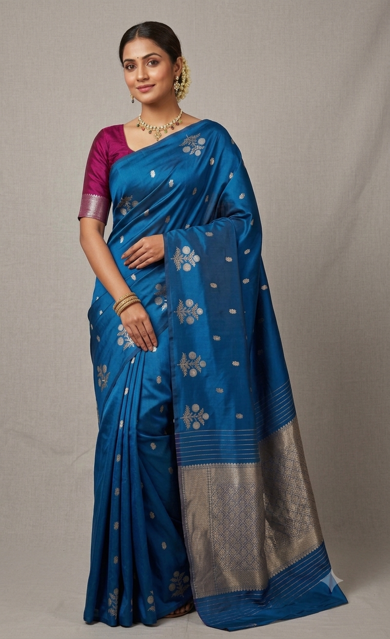 Authentic Raw Mango Rich Blue Banarasi Silk Saree | Pure Handloom Gold Zari