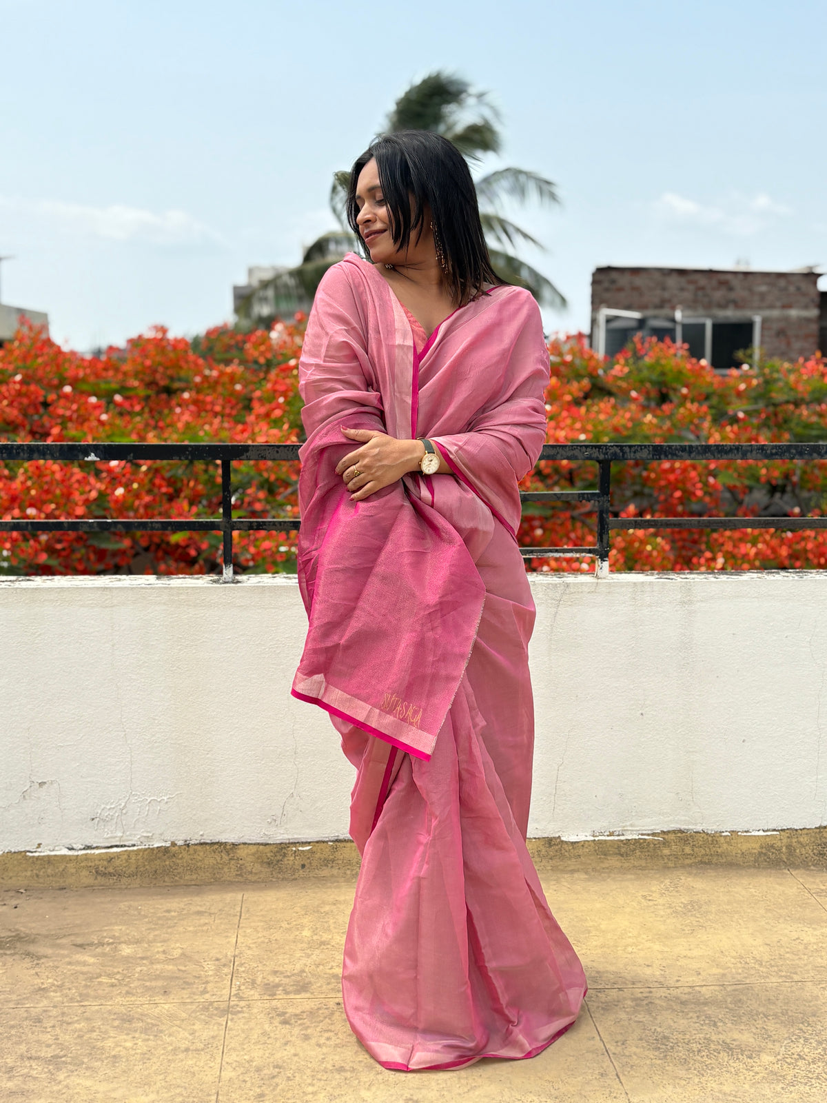 Baby pink & magenta tissue silk saree β front drape | SUTA-SAGA