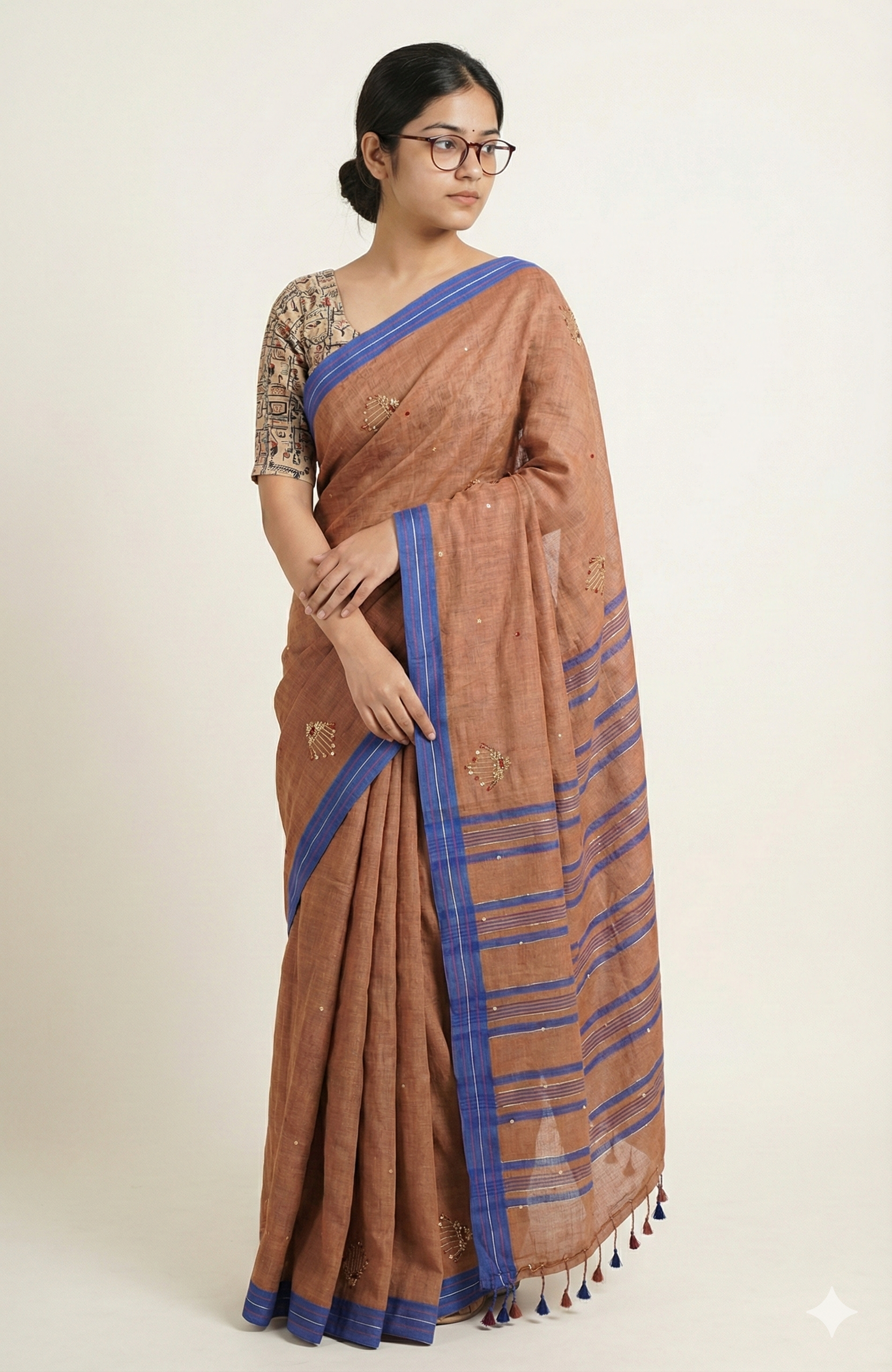 Pure Linen Saree in Earthy Terracotta with Gold Zari french knot embroidery Motifs and Contrast Blue Striped Pallu